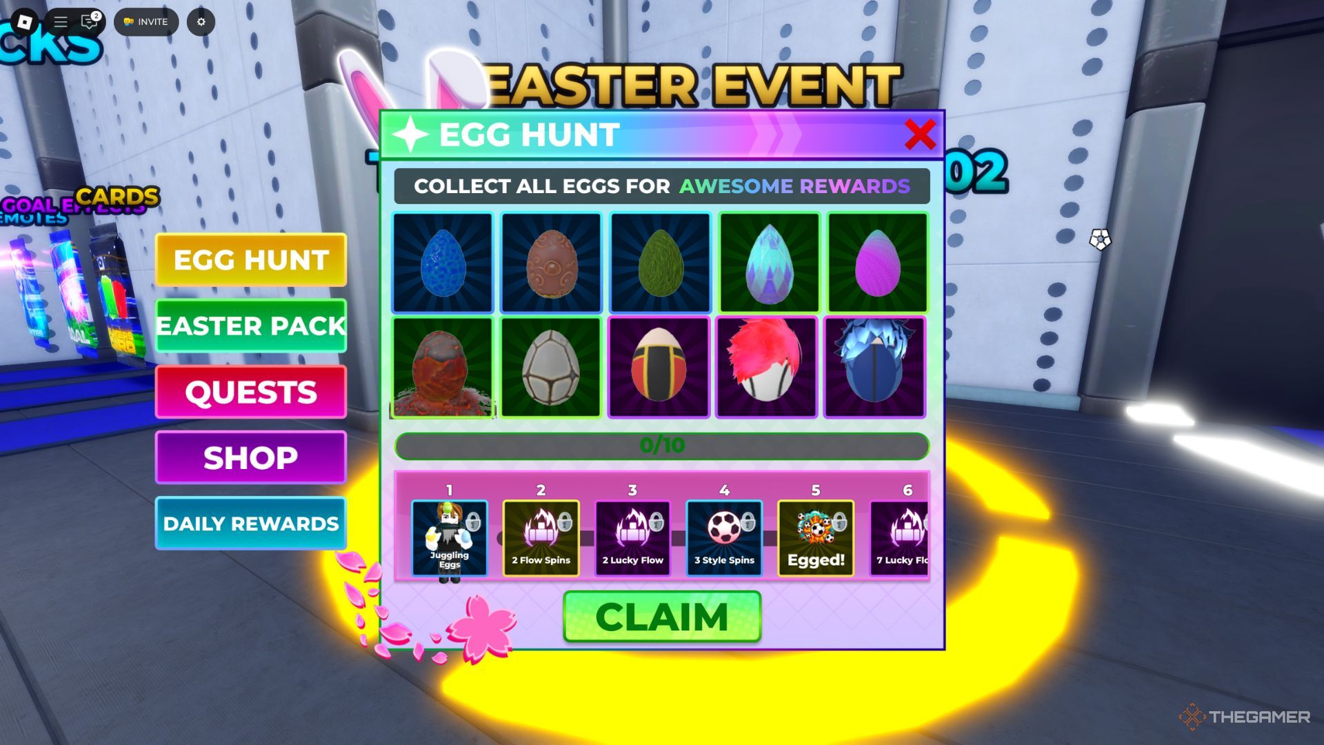 The player character shows the Egg Hunt tab in Blue Lock Rivals.