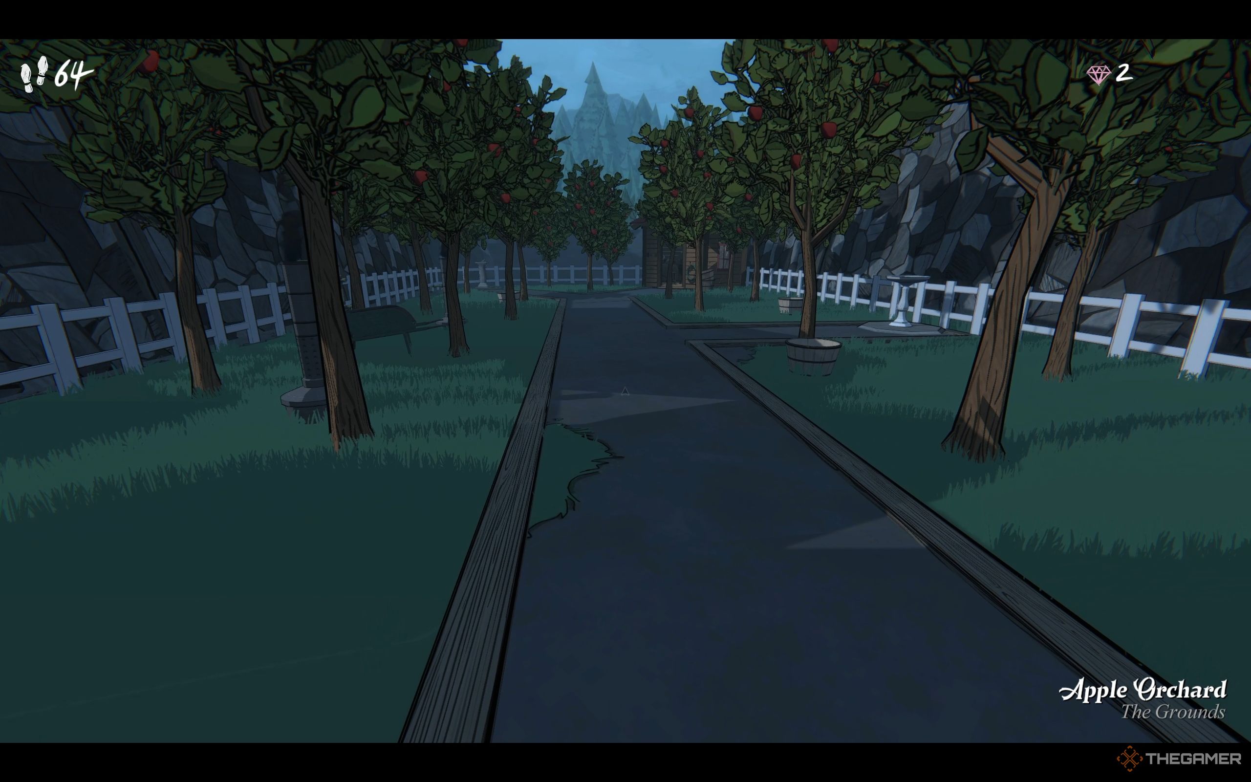 The Apple Orchard in Blue Prince with many apple trees and a wooden shack.