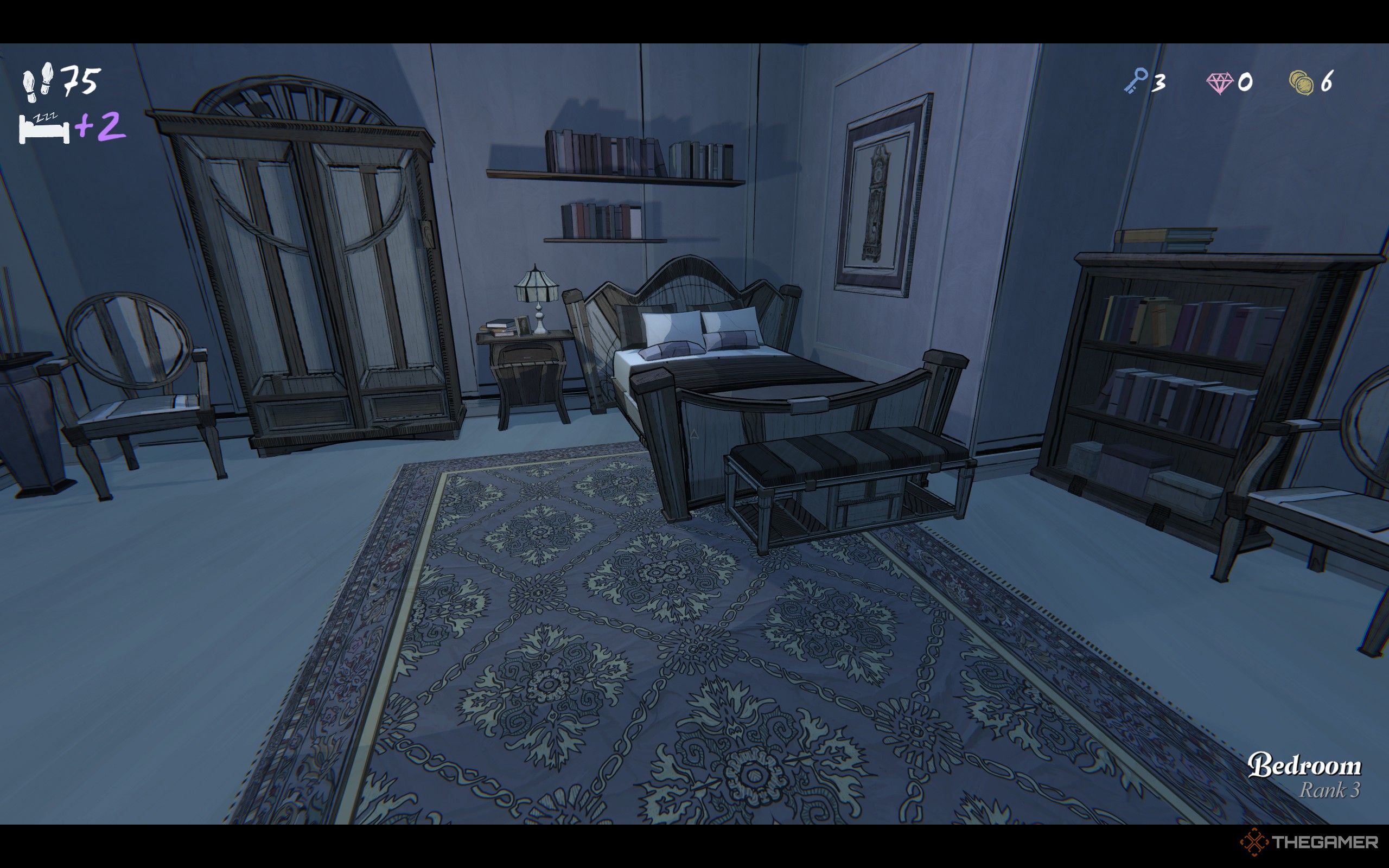 A bedroom with a closet, a bed, and a bookshelf in Blue Prince.