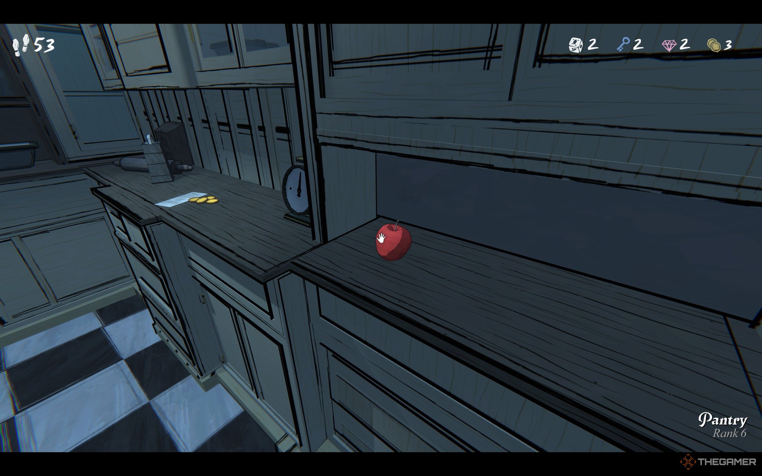 An apple and some coins on the counter in Blue Prince.