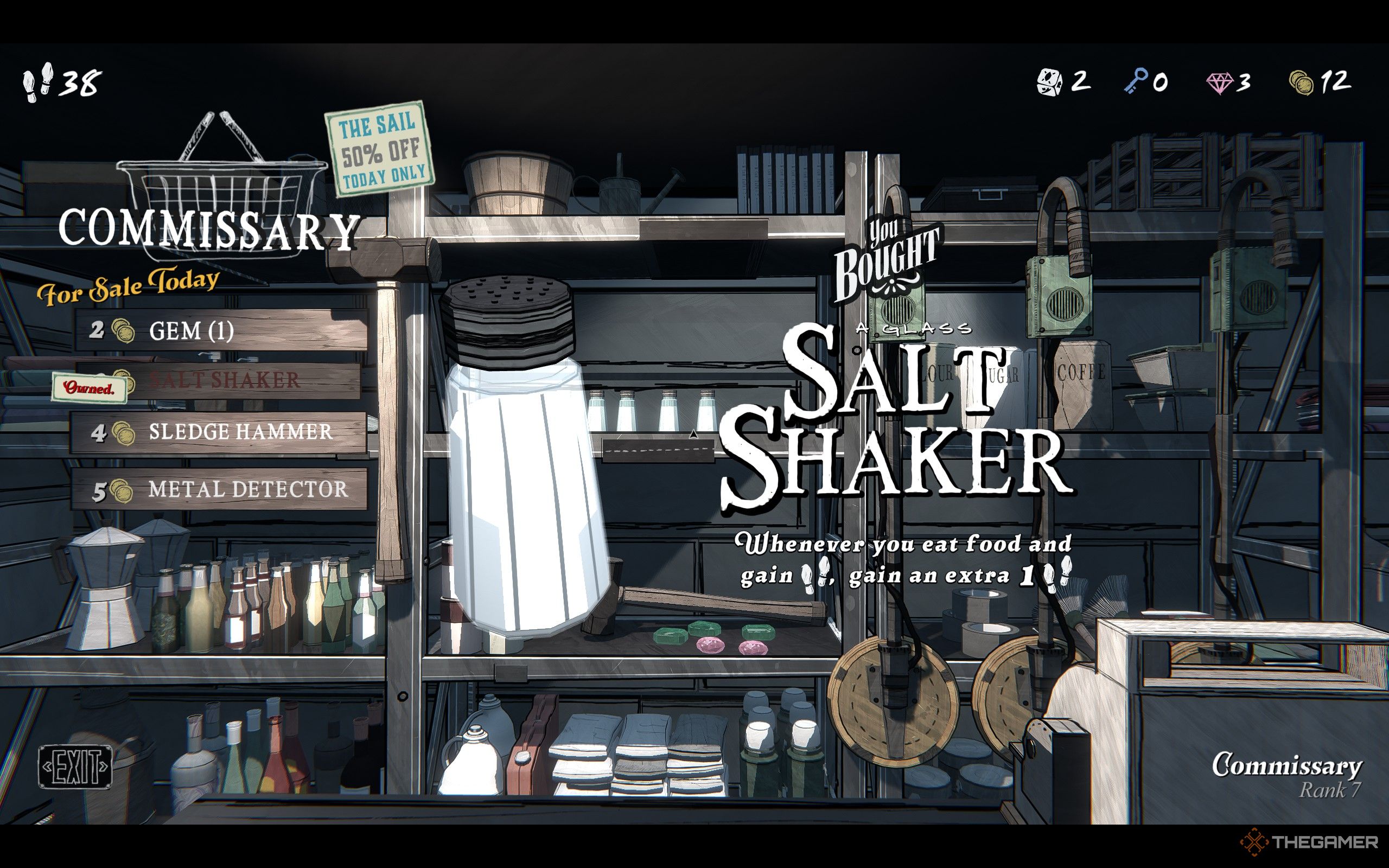 A Salt Shaker with description that it'll give +1 Step whenever the player eats food.