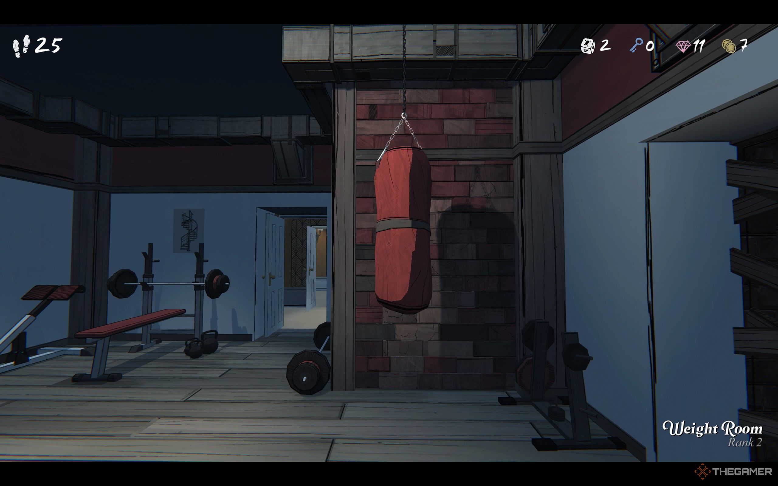 A red punching bag hanging before a breakable brick wall in Blue Prince.