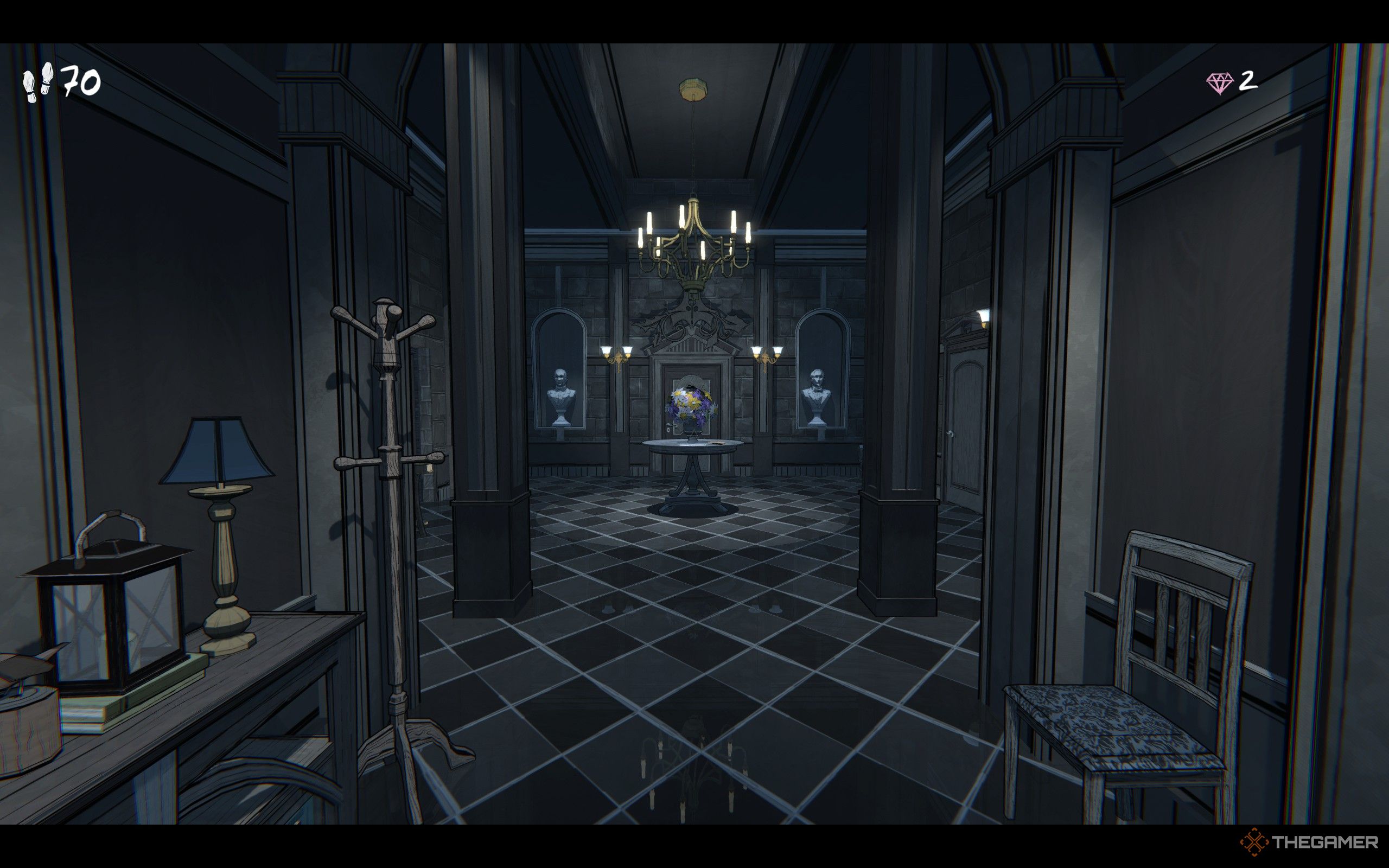 The player is at the Entrance Hall in Blue Prince, starting at 70 steps.