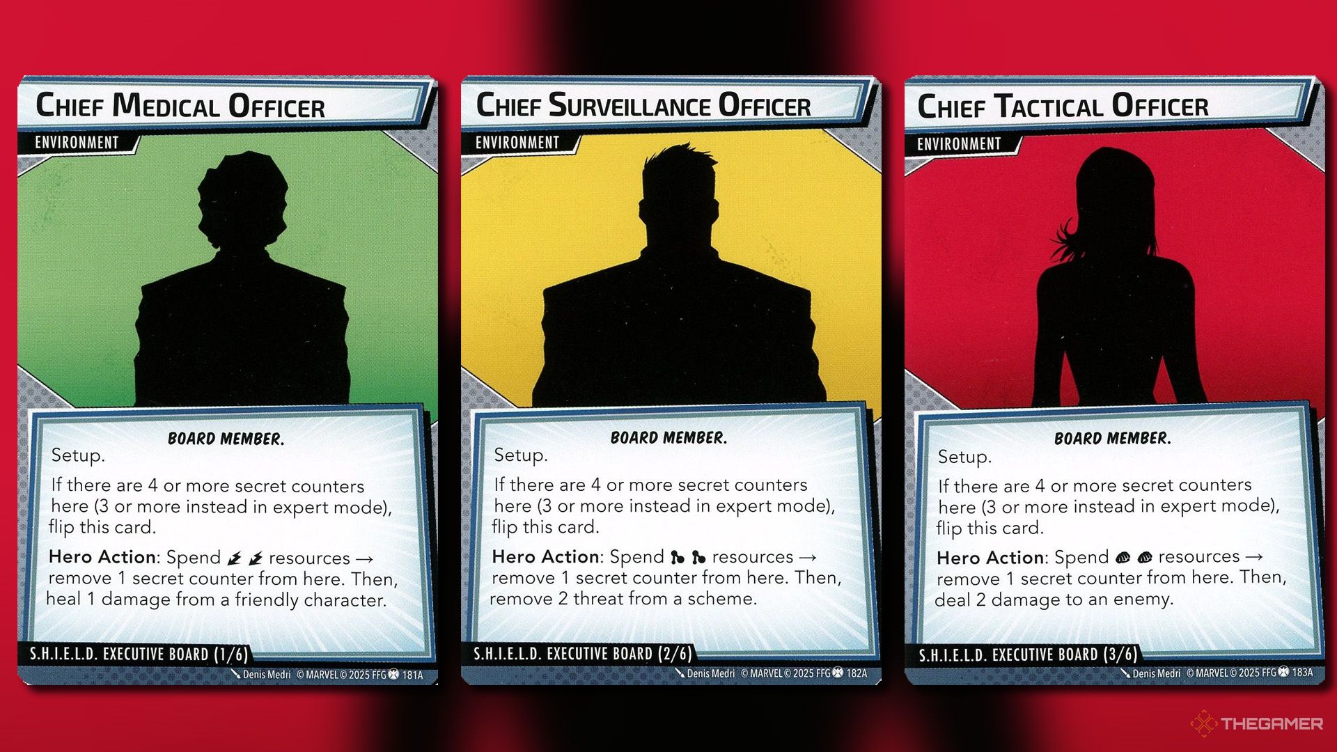 Board member cards from Agents of Shield expansion in Marvel Champions.