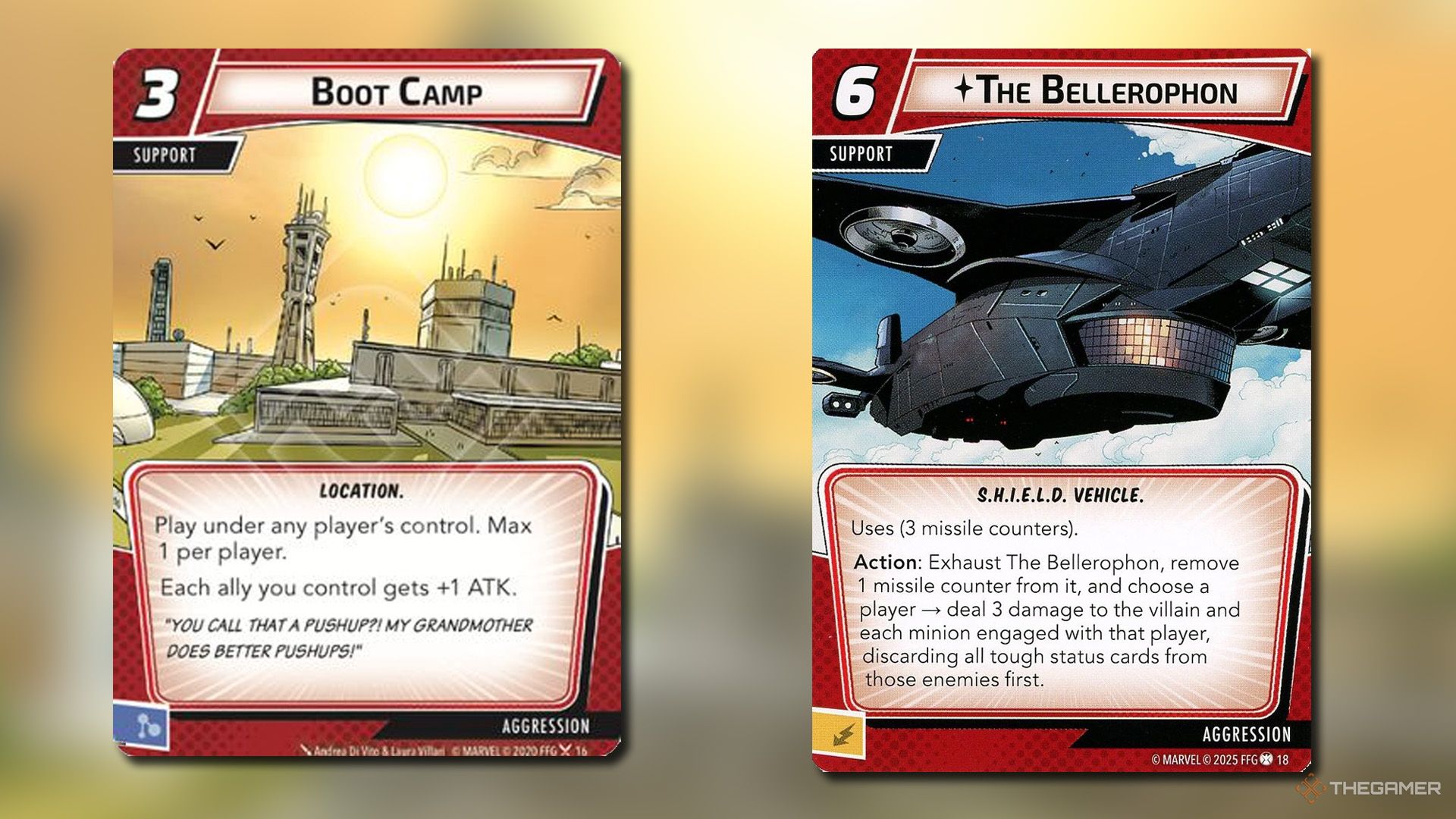 Boot Camp and The Bellerophon cards from Marvel Champions.