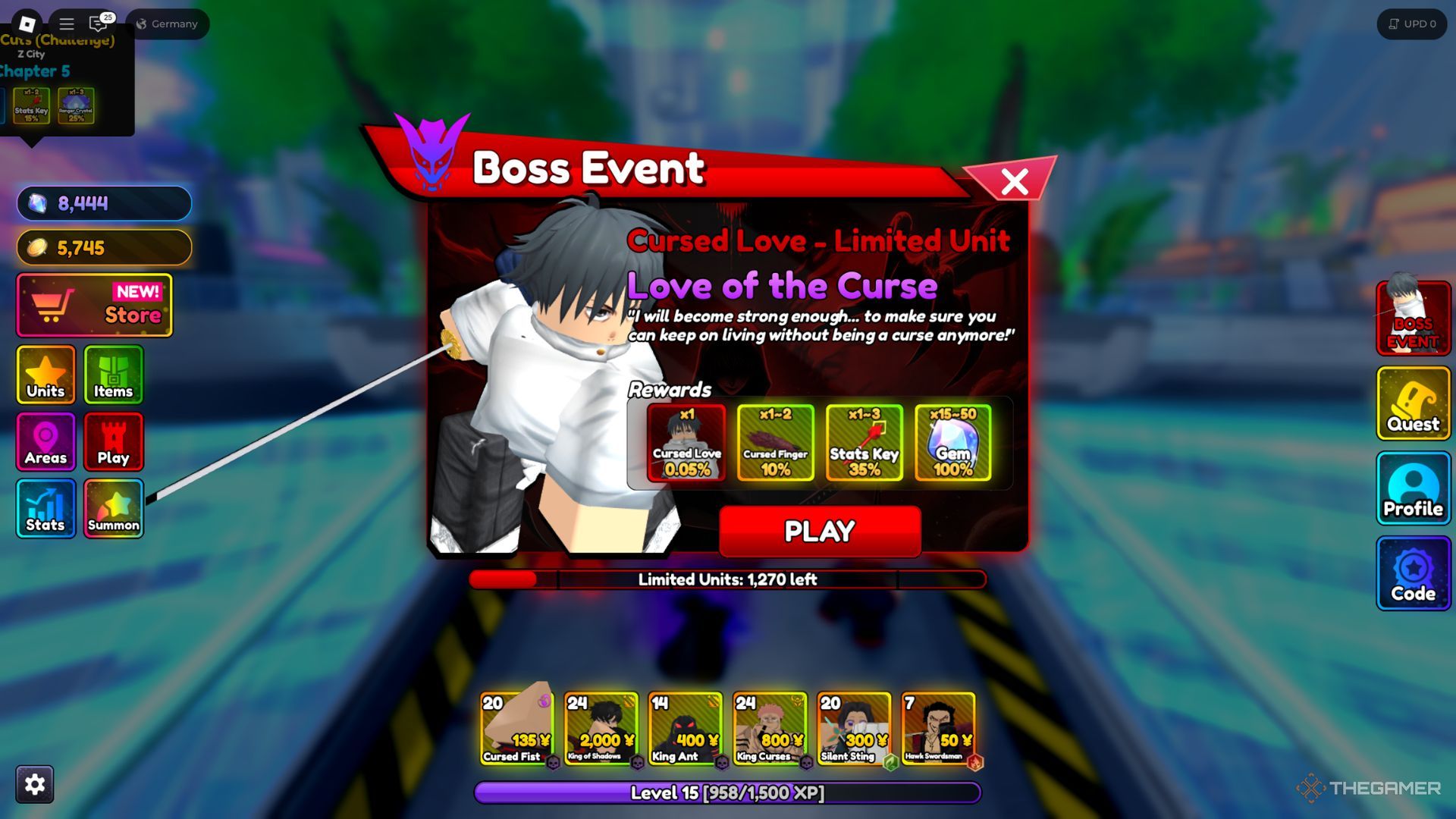 The player character shows the Boss Event tab in Anime Rangers X.