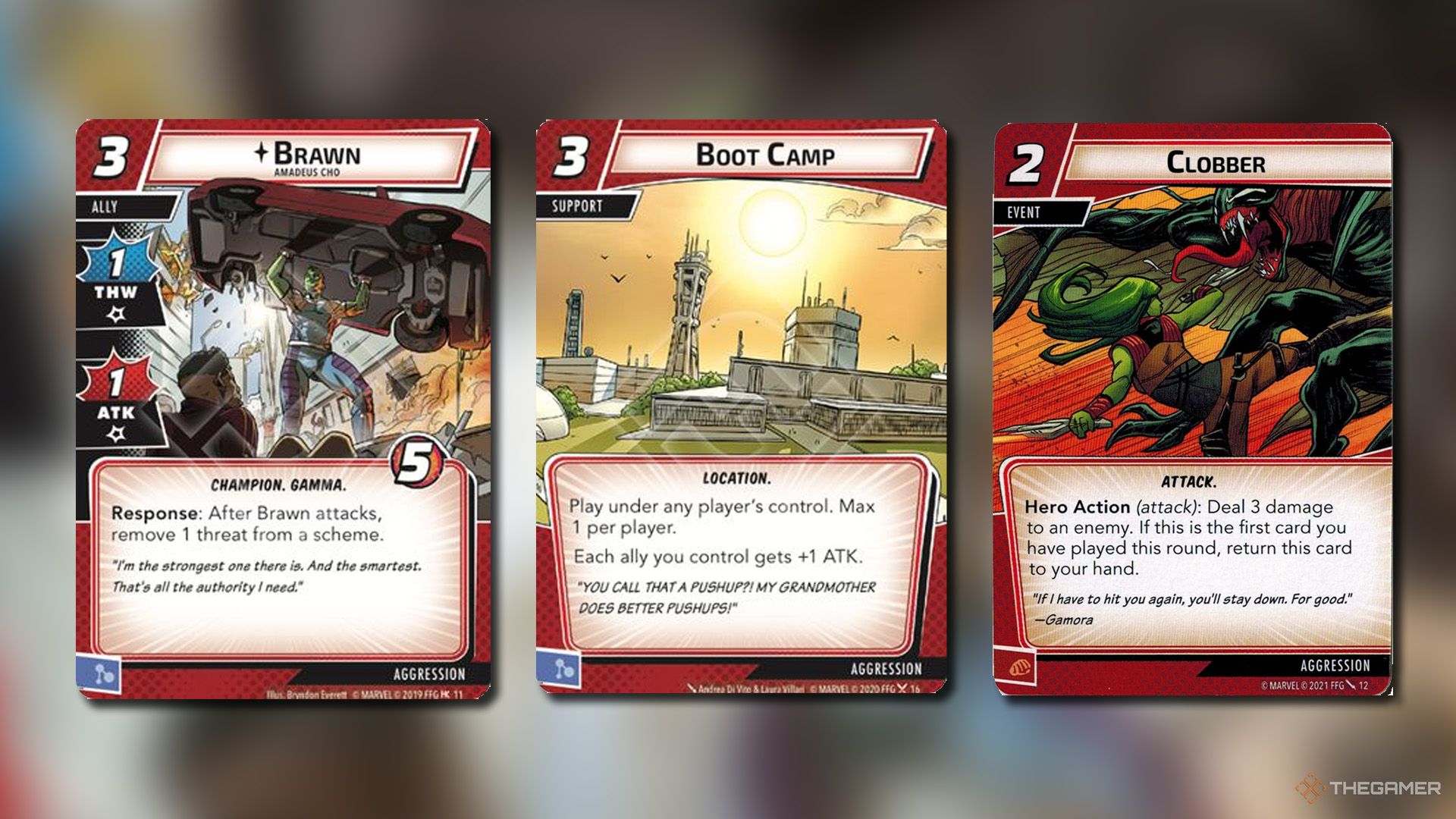 Brawn, Clobber and Boot Camp cards from Marvel Champions.