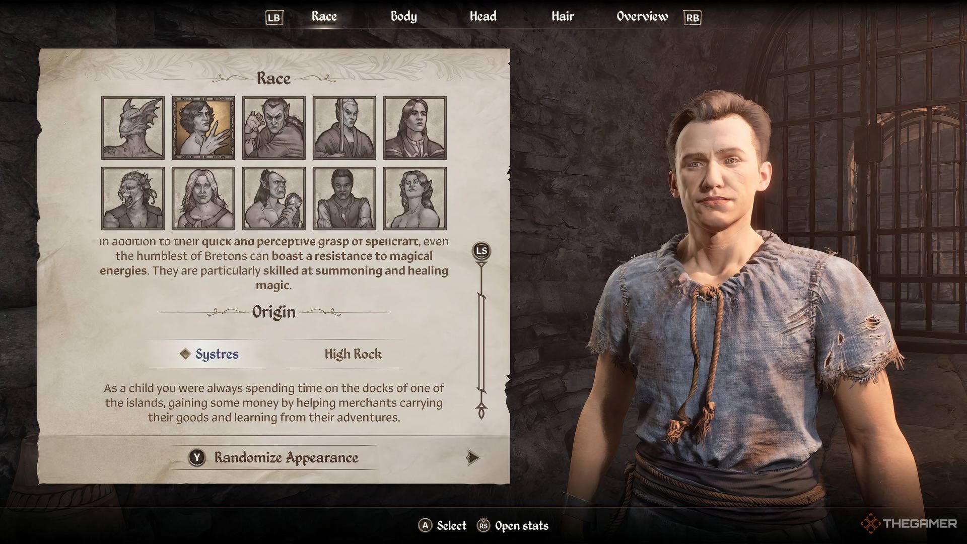 An image of the character creation screen from the Elder Scrolls IV: Oblivion Remastered showing a breton.