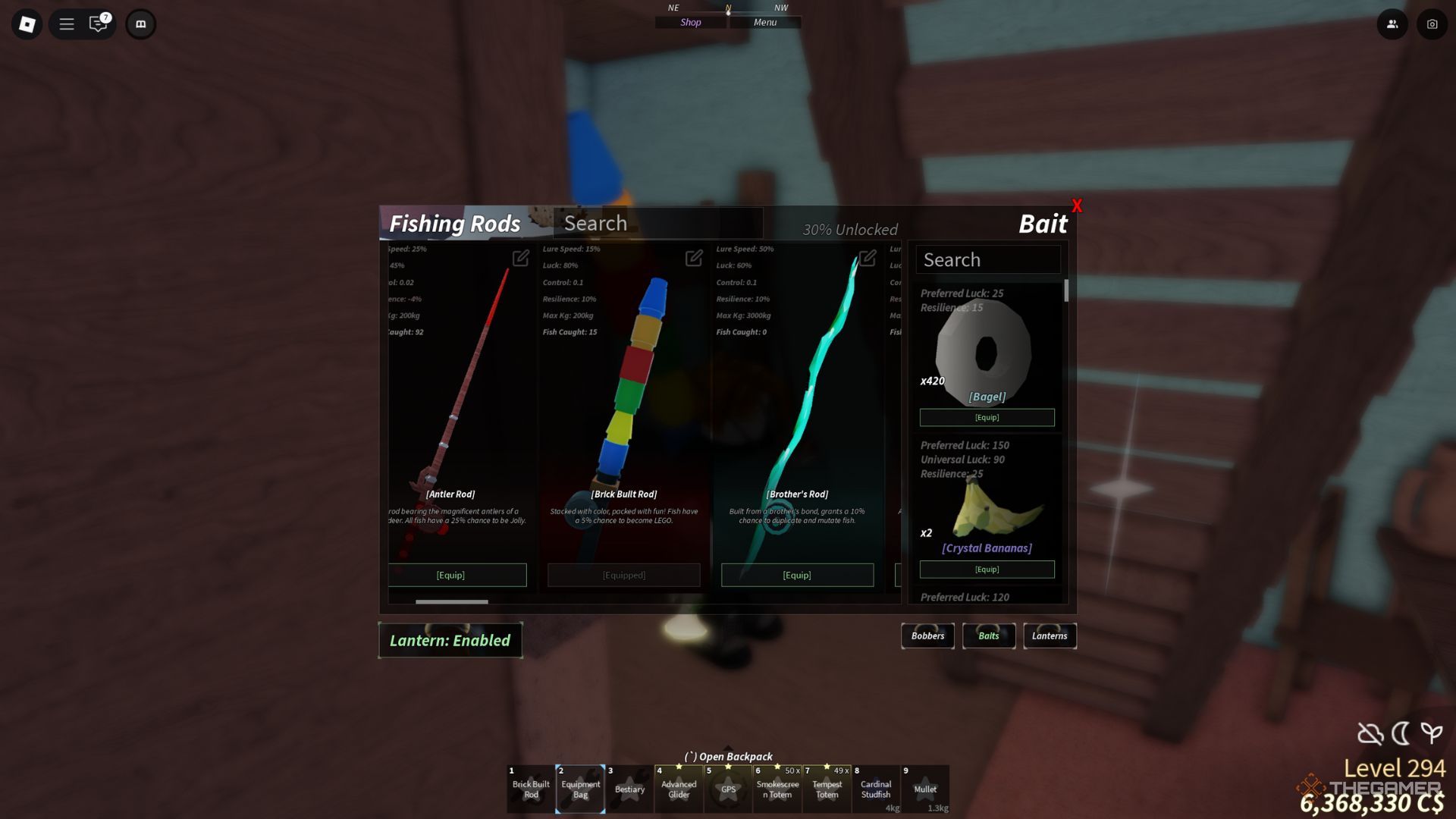 The player character shows the Brick Built Rod in his inventory in Fisch.