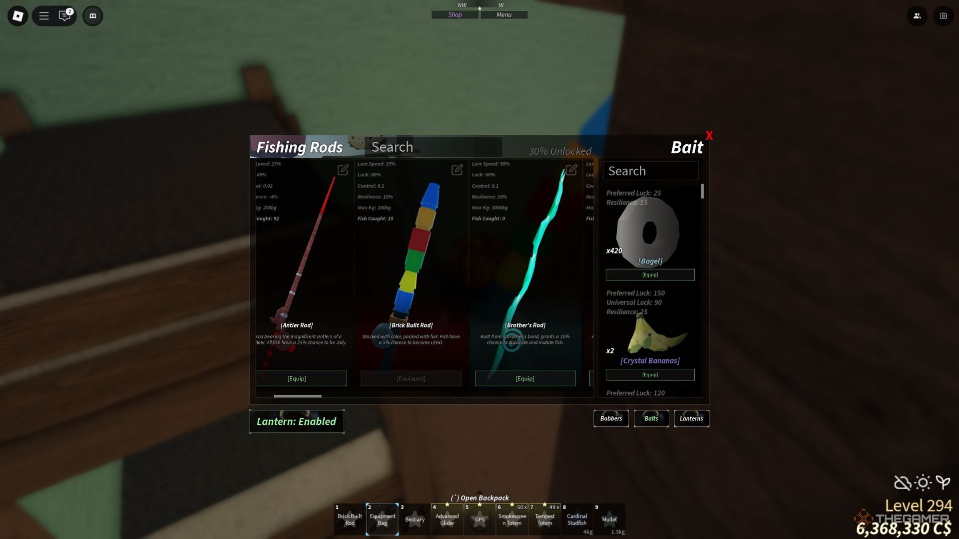 The player character shows the Brick Built Rod in his inventory in Fisch.