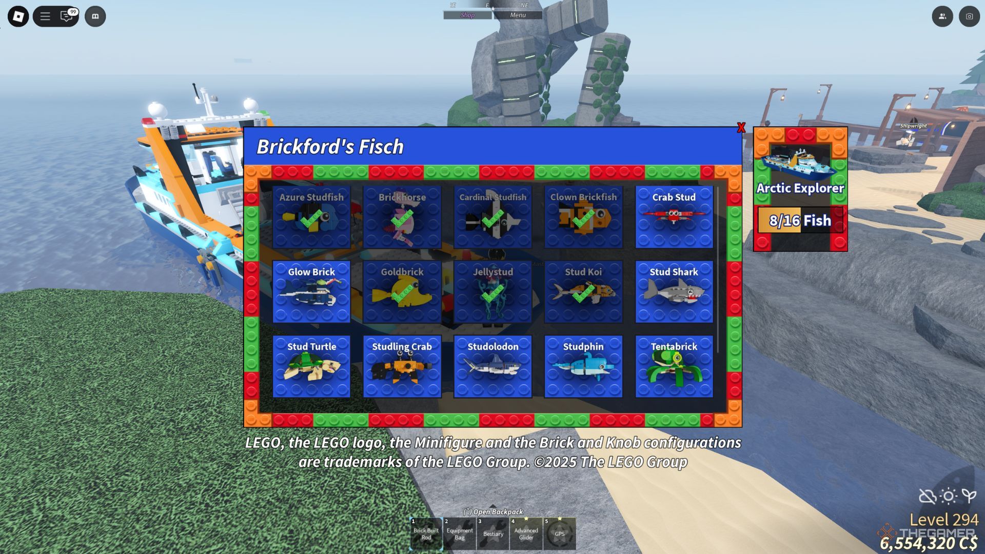 The player character shows almost fully completed Brickford Lego bestiary in Fisch.