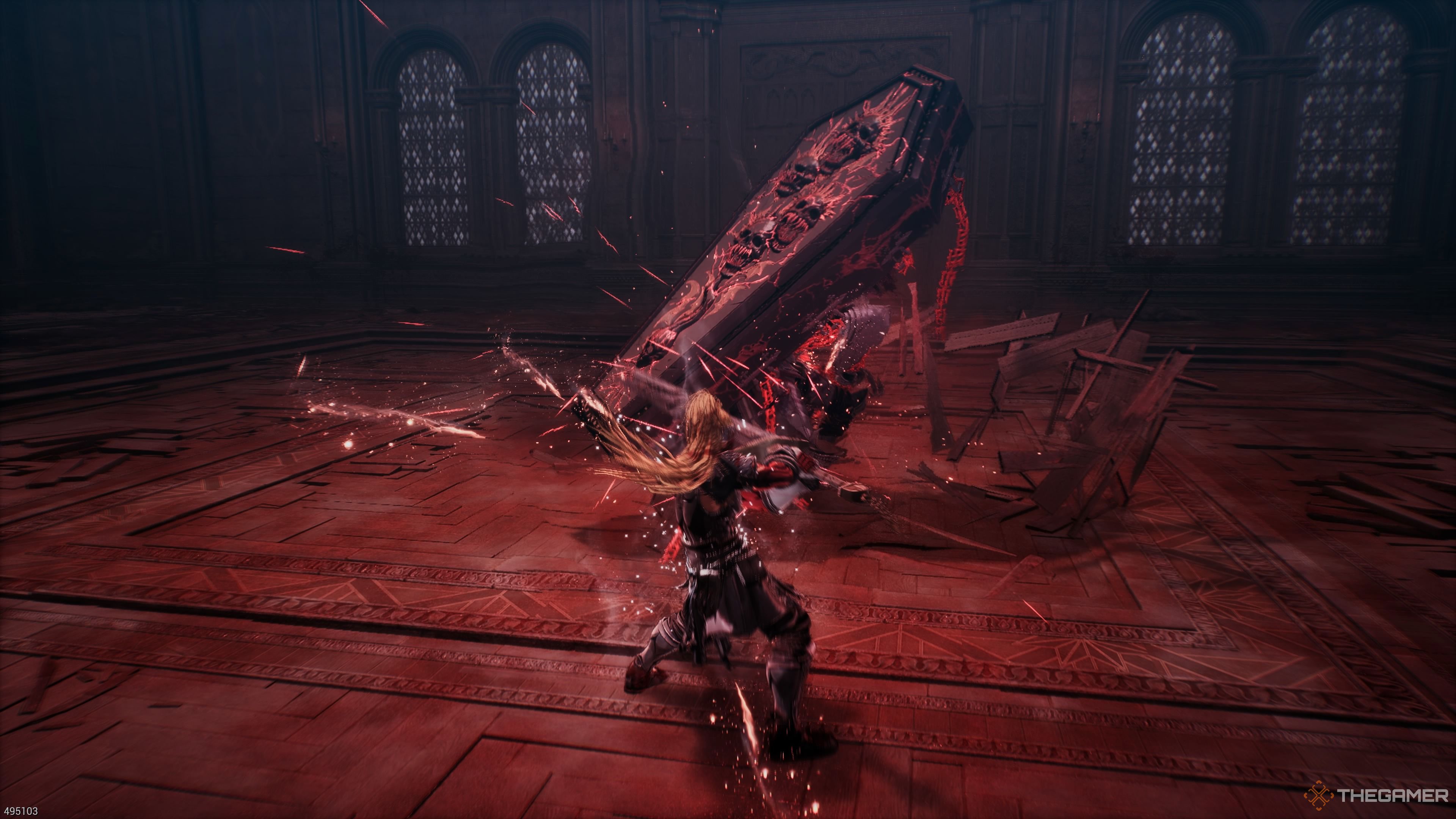Brink Guarding Skalpel's attack in The First Berserker Khazan.