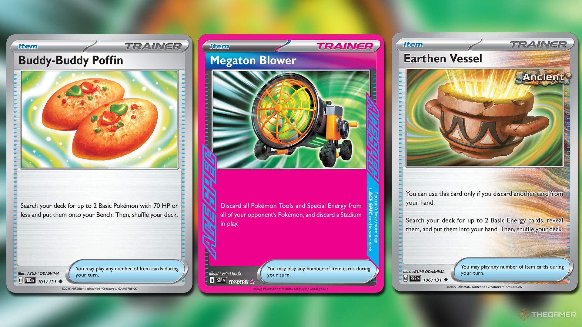 Buddy-Buddy Poffin, Megaton Blower and Earthen Vessel cards in Pokemon TCG.