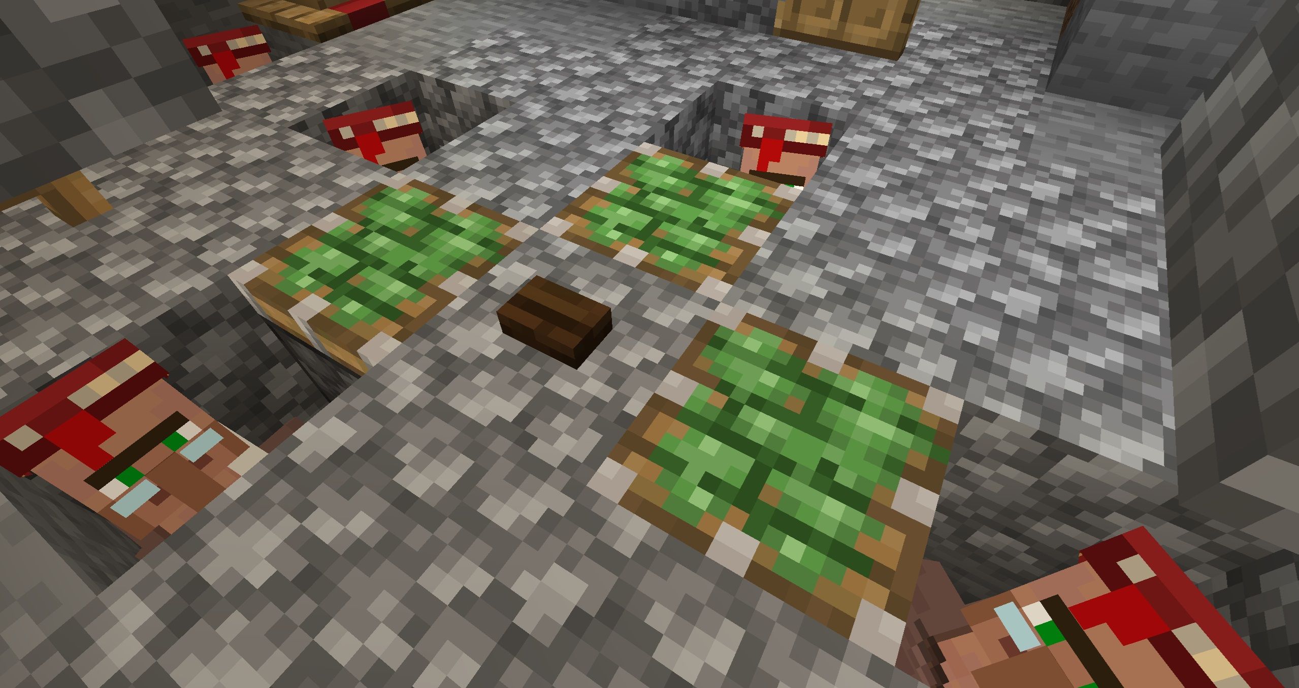 A button surrounded by sticky pistons which are surrounded by Librarians in holes in Minecraft.