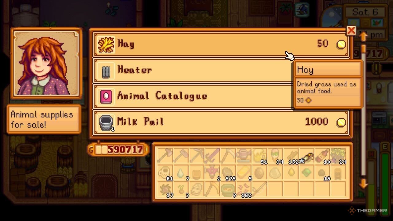 Buying Hay from Marnie during the winter in Stardew Valley.
