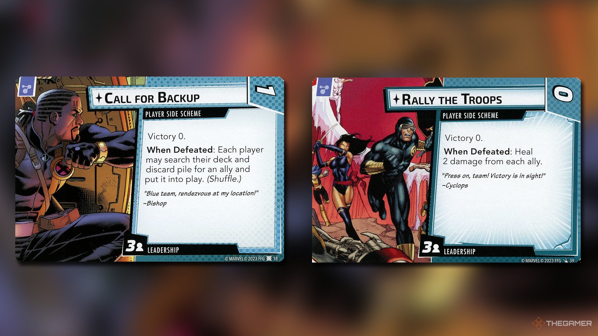 Call for Backup and Rally the Troops cards from Marvel Champions.