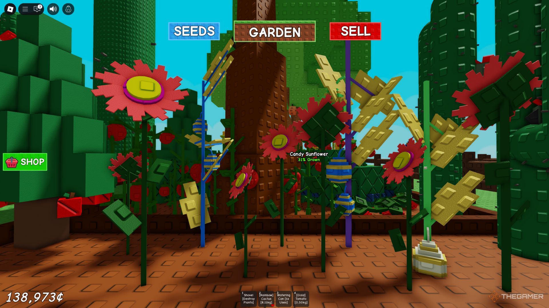 The player character shows Candy Sunflowers and Easter Eggs on his garden in Grow A Garden.