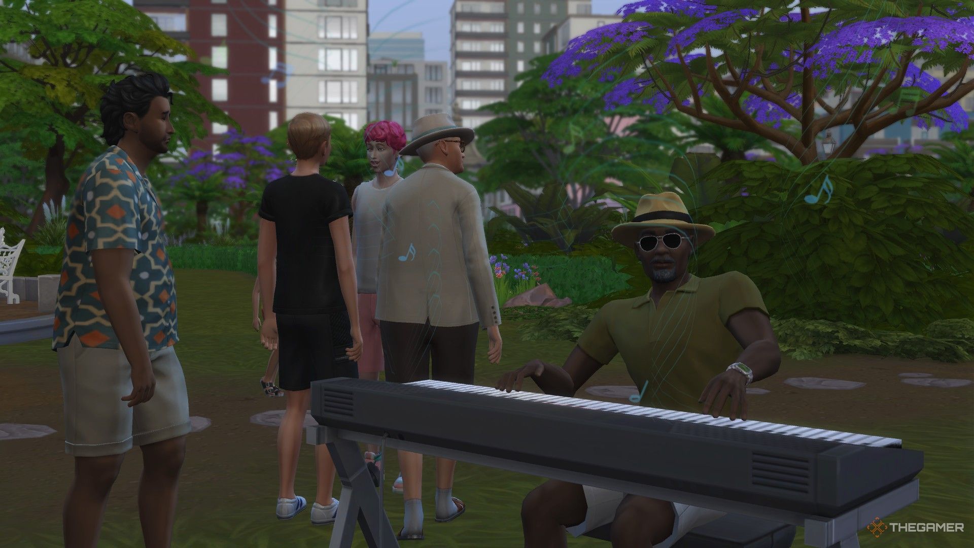 Cannonball Coleman playing Piano in the park with his Mastery Skill in The Sims 4 Businesses and Hobbies.-1