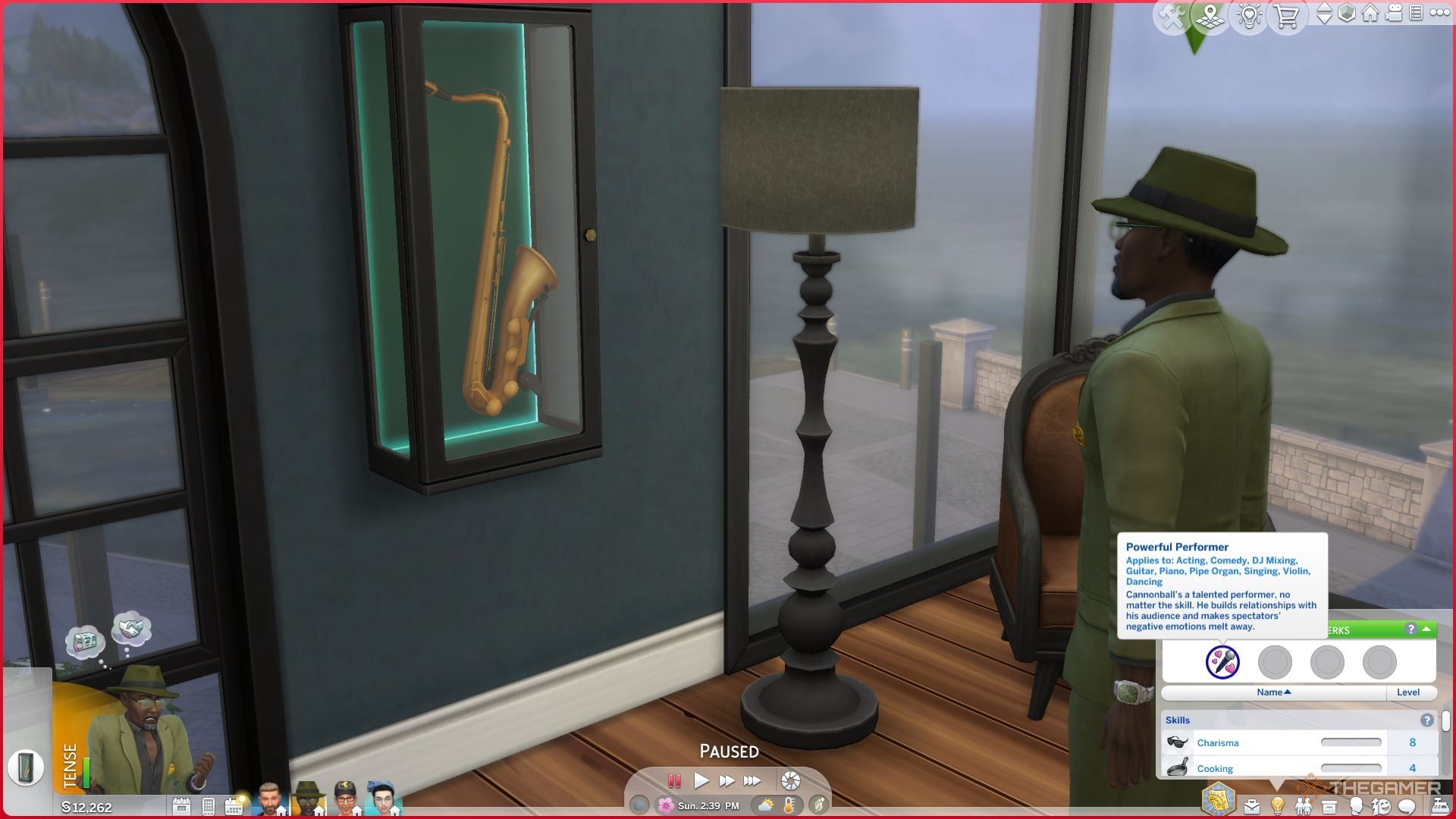 Cannonball Coleman with his Powerful Performer Mastery Perk in The Sims 4 Businesses and Hobbies, looking at a framed saxophone.