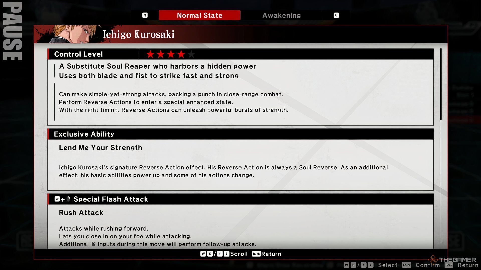 Ichigo's list of moves in the Character Control Guide in Bleach Rebirth of Souls.
