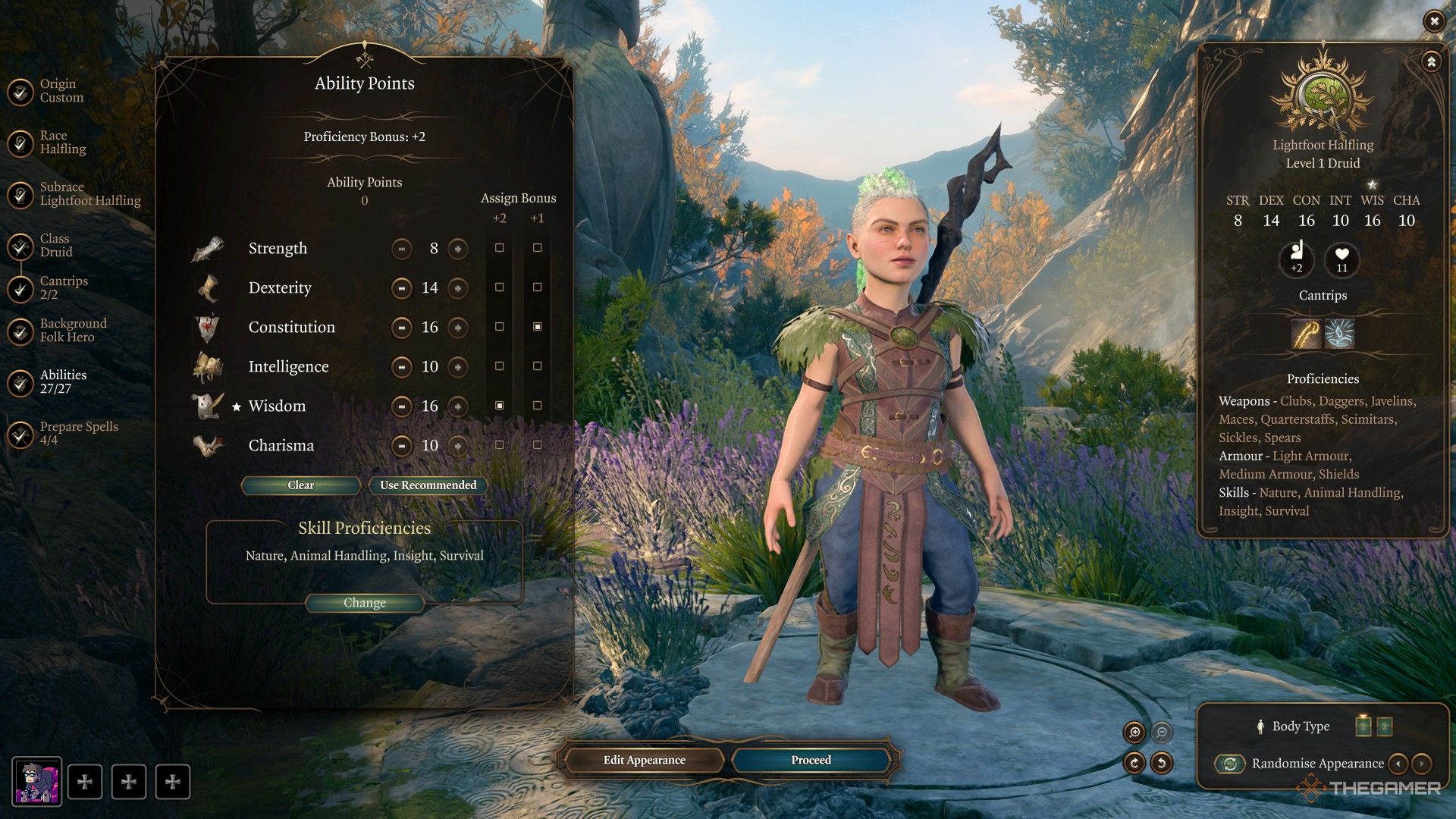 Character creation screen for a Druid in Baldur's Gate 3.