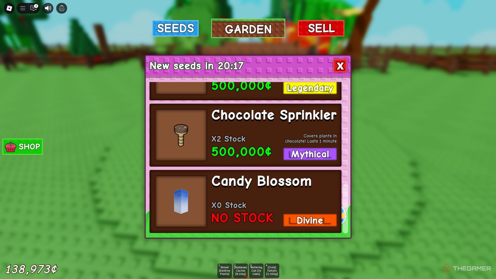 The player character shows Chocolate Sprinkler in the Easter Shop in Grow A Garden.