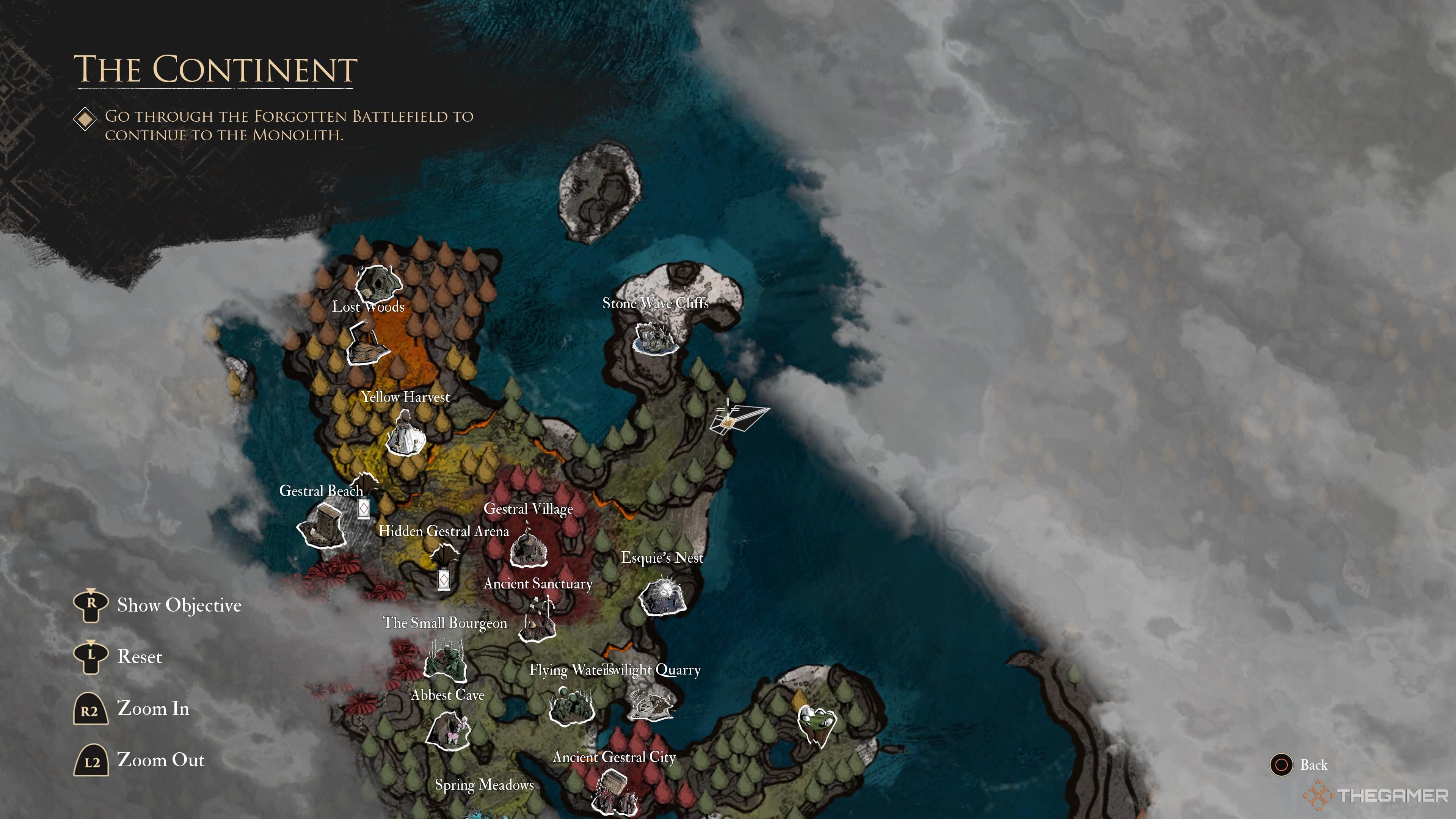 the continent map in clair obscur: expedition 33, with the party located at the lost gestral east of stone wave cliffs.