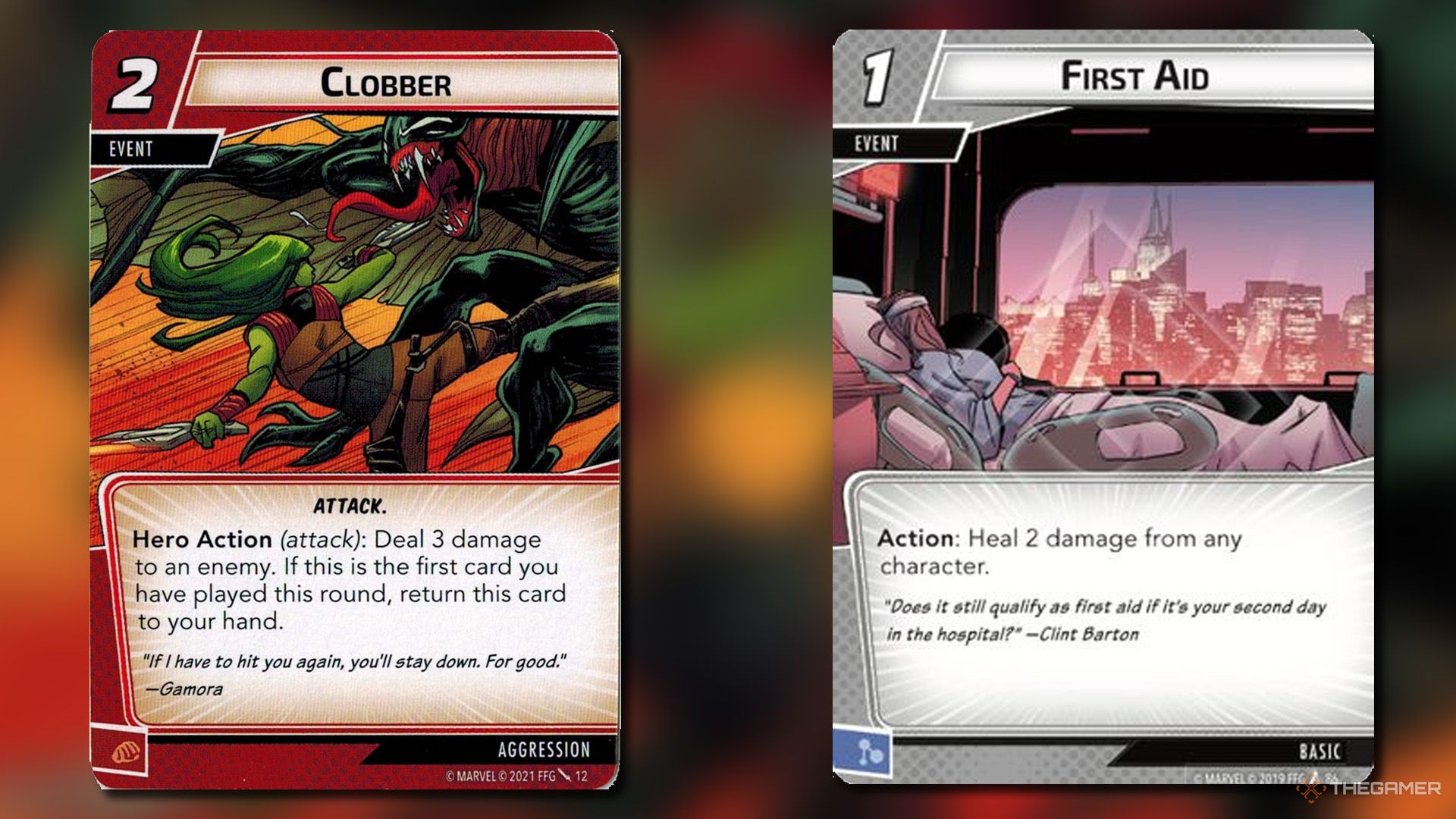 Clobber and First Aid cards from Marvel Champions.