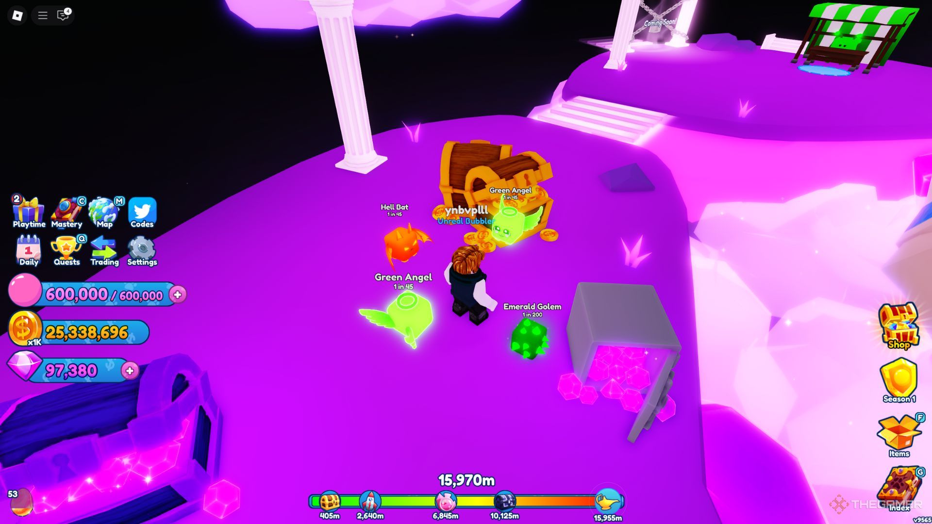 The player character shows a chest full of coins in the Zen World in Bubble Gum Simulator Infinity.