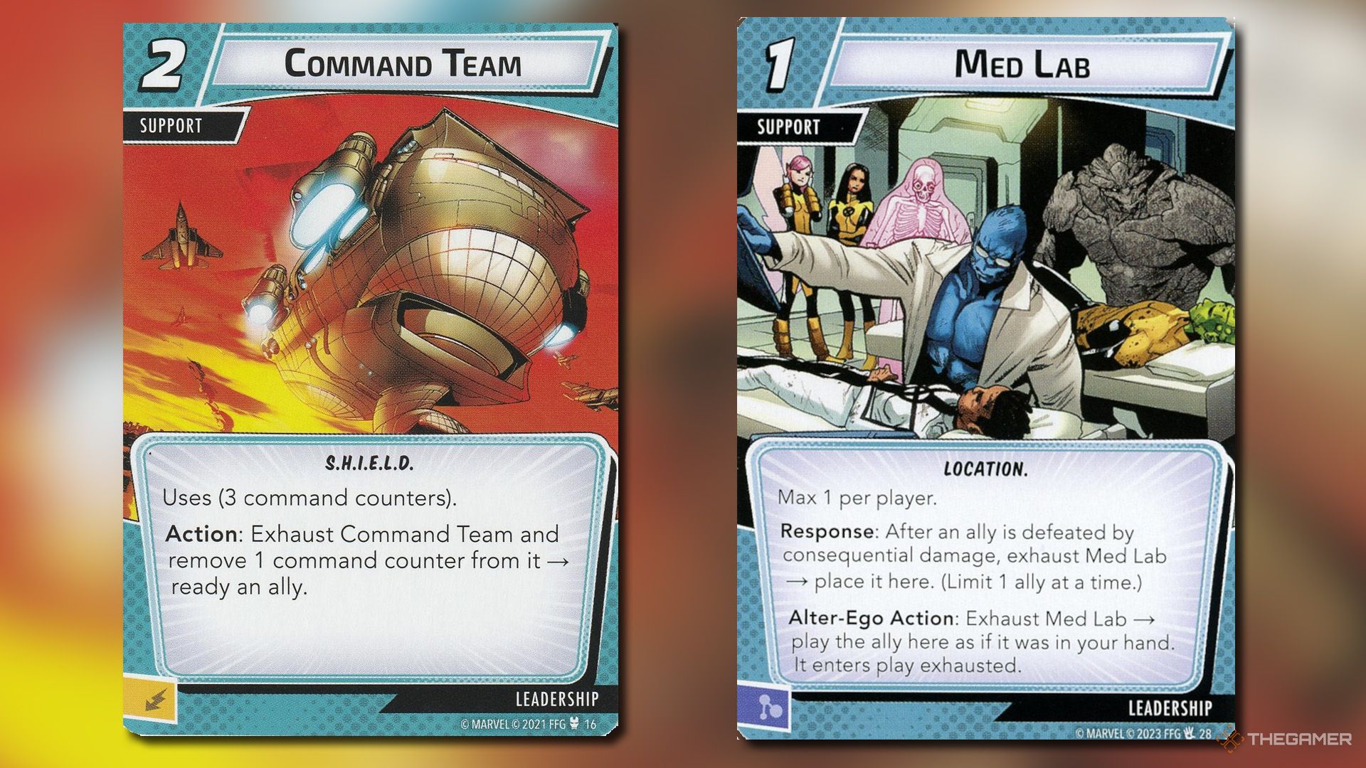 Command Team and Med Lab cards from Marvel Champions.