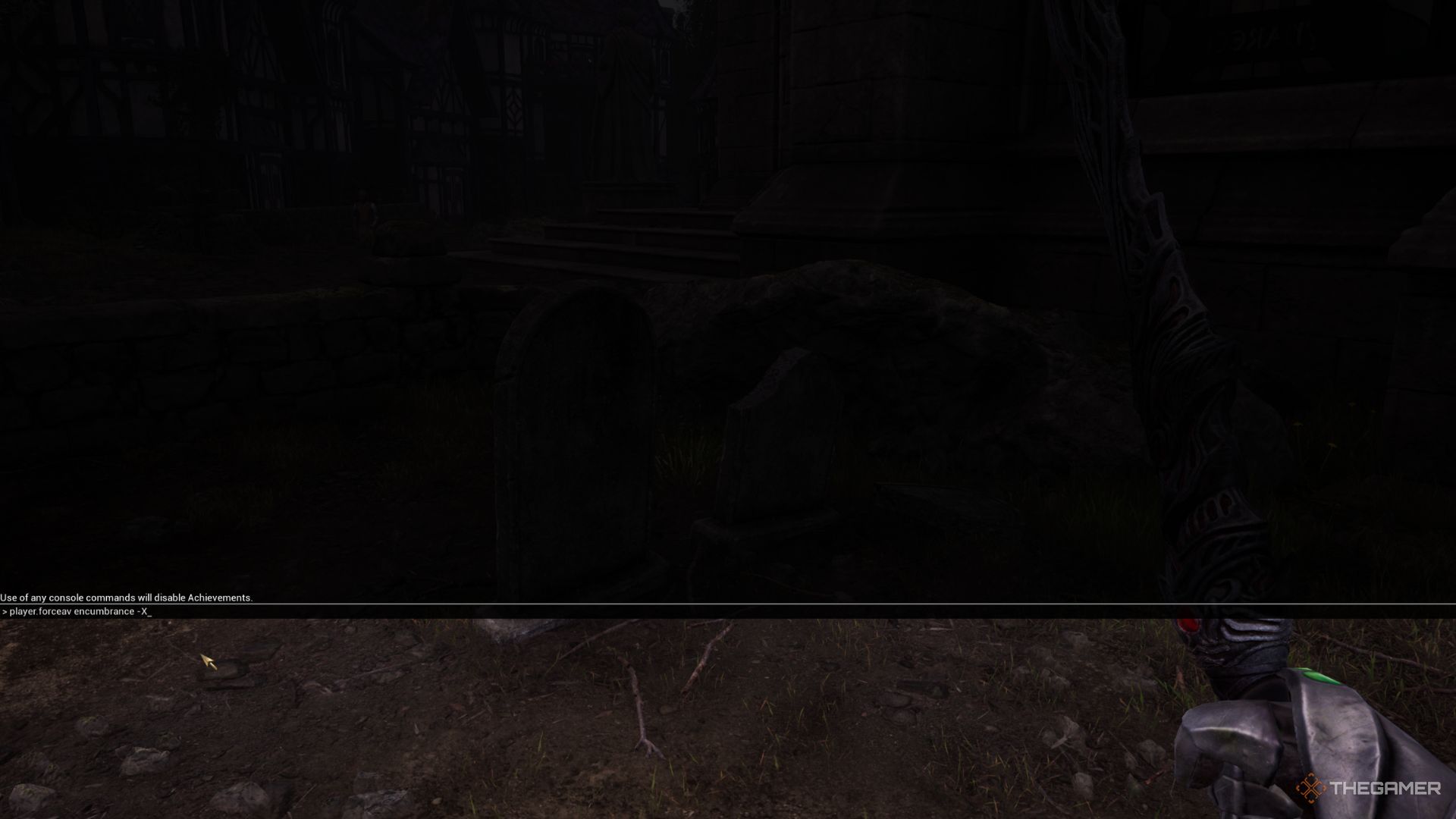 The player character using a console command to increase the number of things he can carry in Oblivion Remastered.