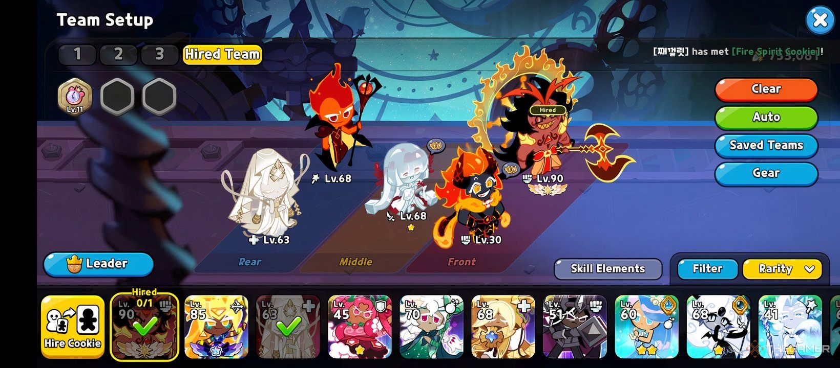 Cookie Run Kingdom, a screenshot showing a Fire Spirit Cookie team with Mystic Flour Cookie.