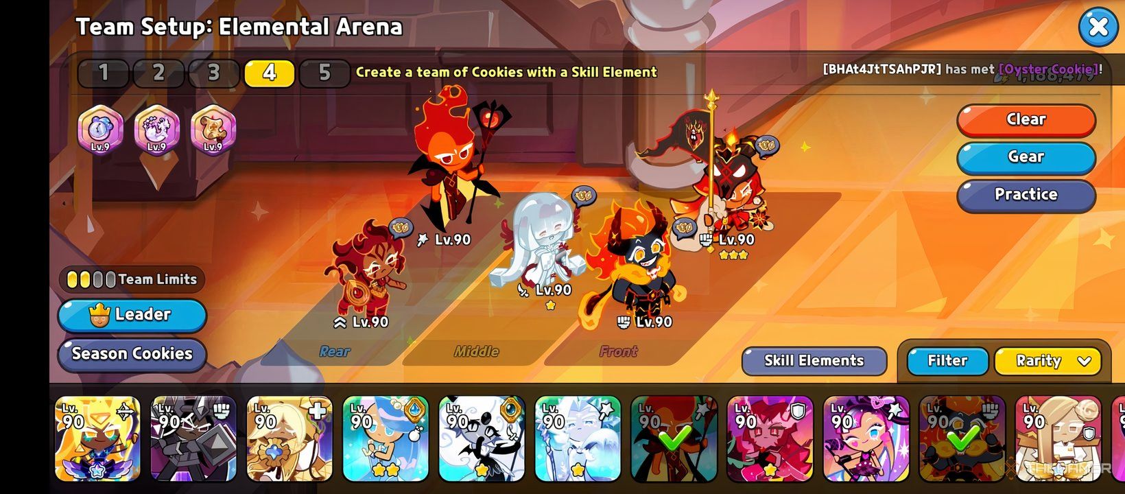 Cookie Run Kingdom, a screenshot showing a Fire Spirit Cookie team.