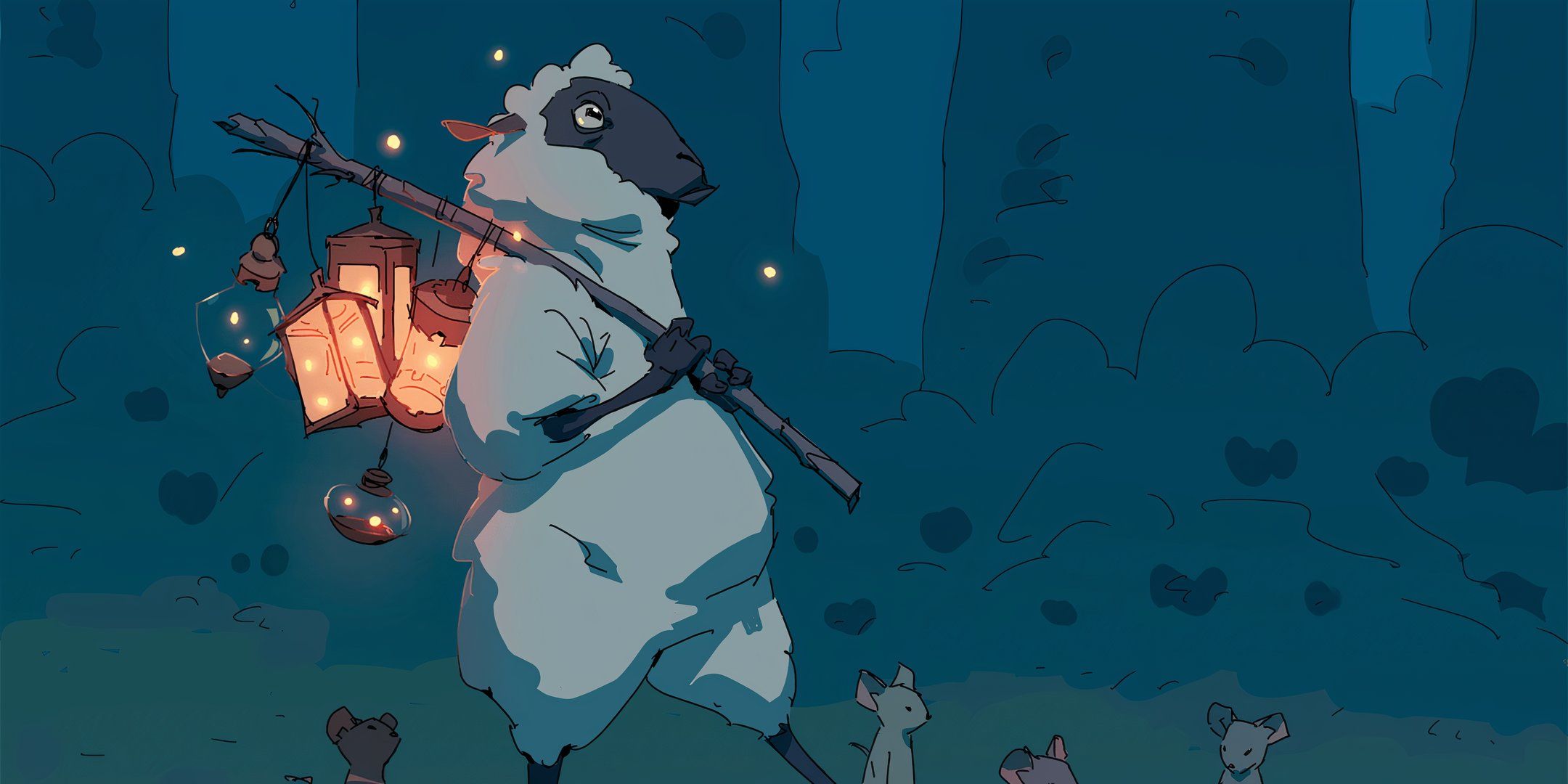 A walking sheep with a lantern strolls through a forest in the Obojima Dungeons & Dragons campaign setting.