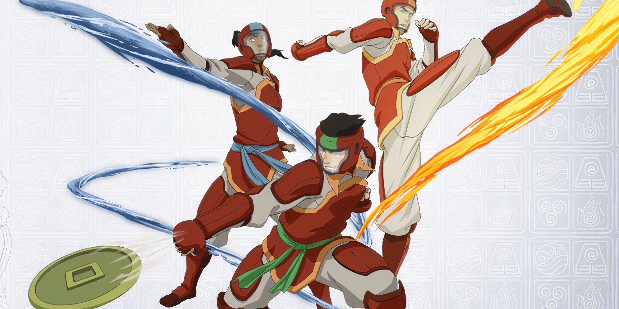Korra, Mako, and Bolin pro-bending in the Avatar Legends TTRPG.
