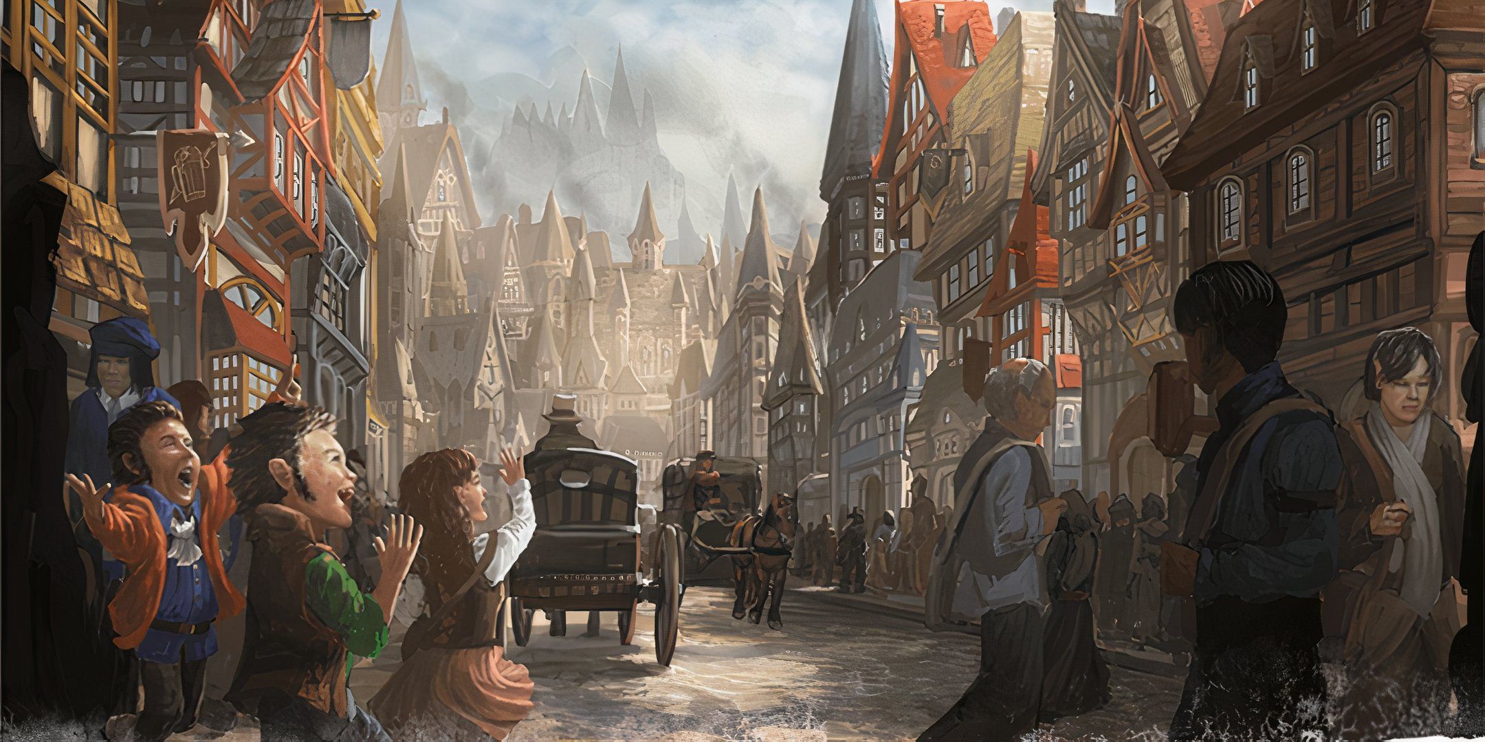 The streets of Waterdeep in Waterdeep: Dragon Heist in Dungeons & Dragons.