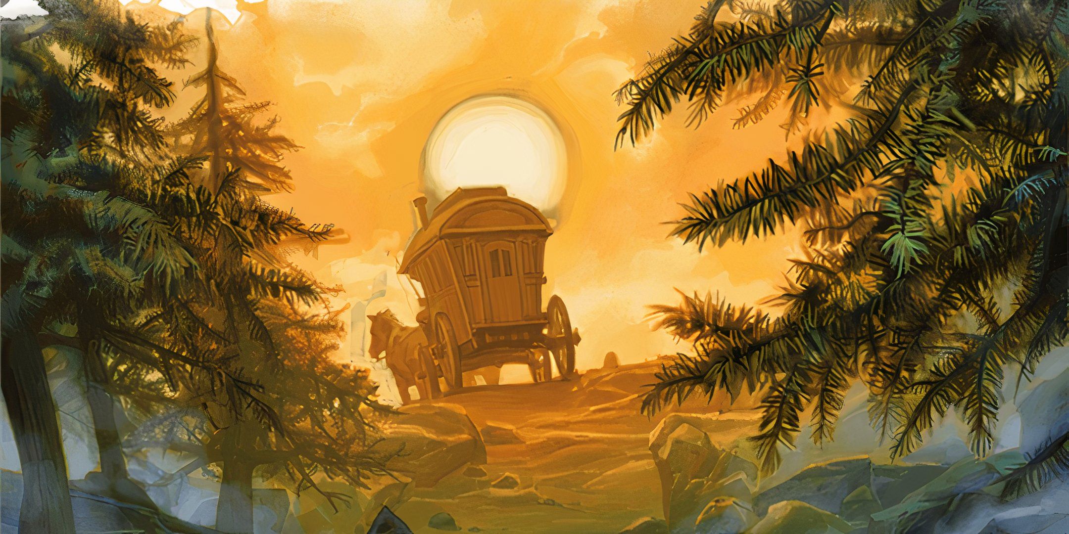 A vistani wagon riding off into the sunset in Dungeons & Dragons.