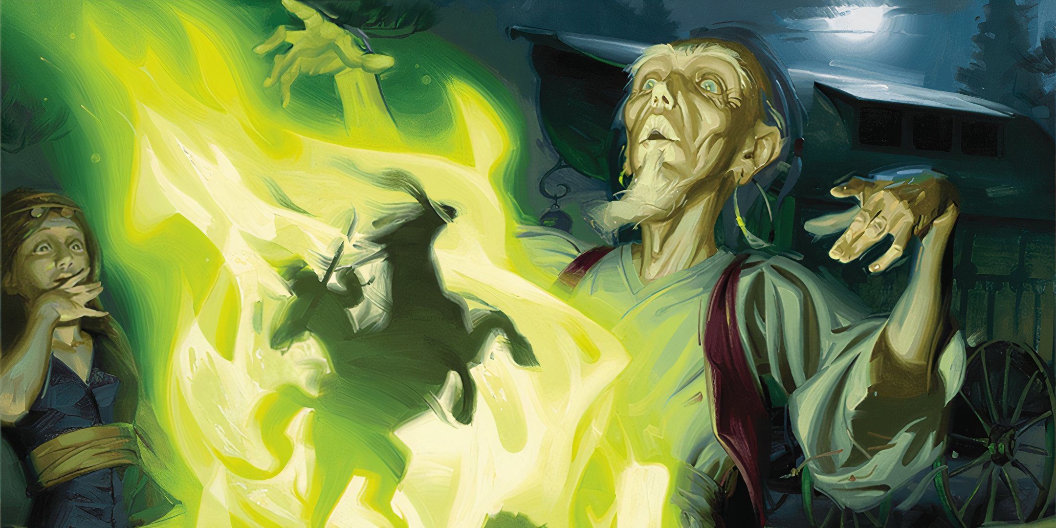 A vistani tells a tale around a green fire in Curse of Strahd in Dungeons & Dragons.