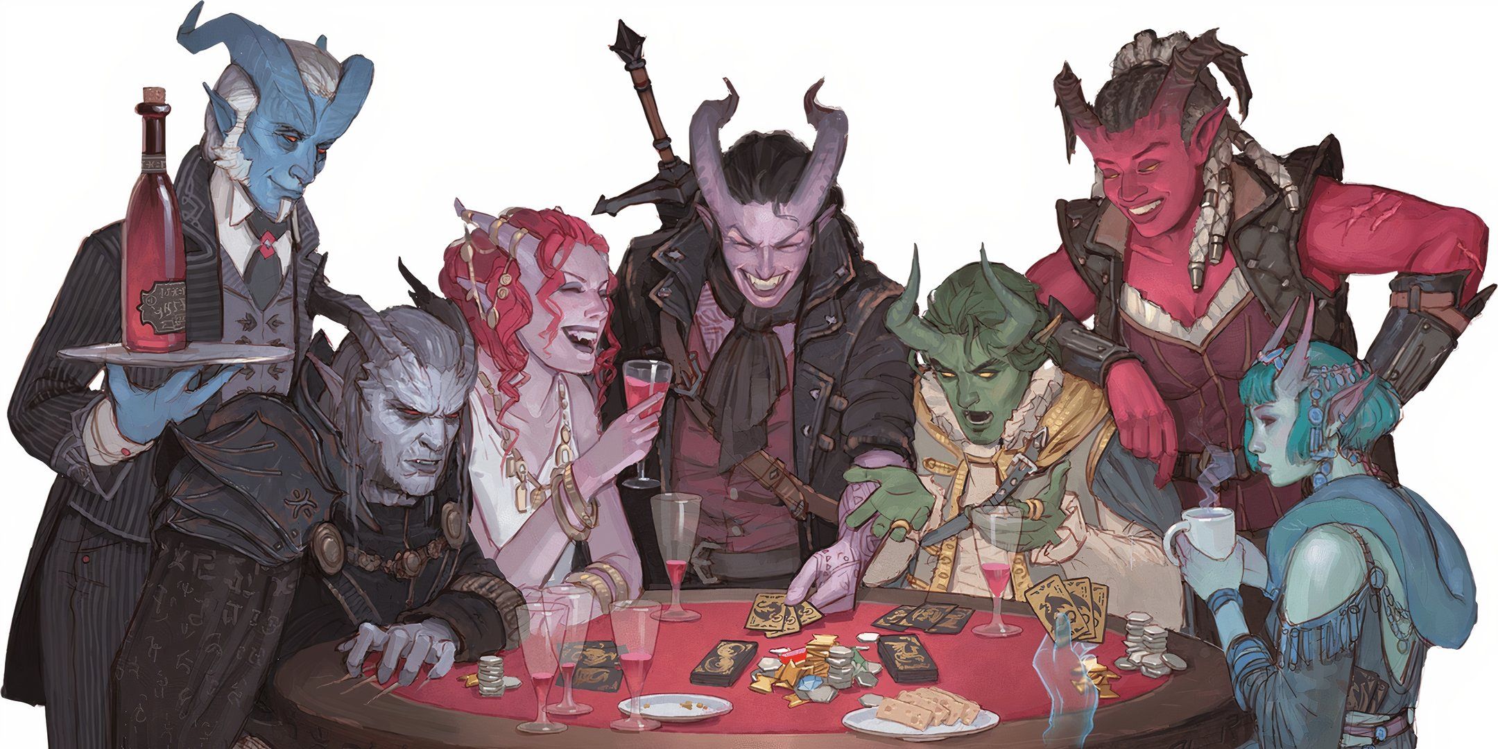 A group of tieflings play cards in Dungeons & Dragons. 