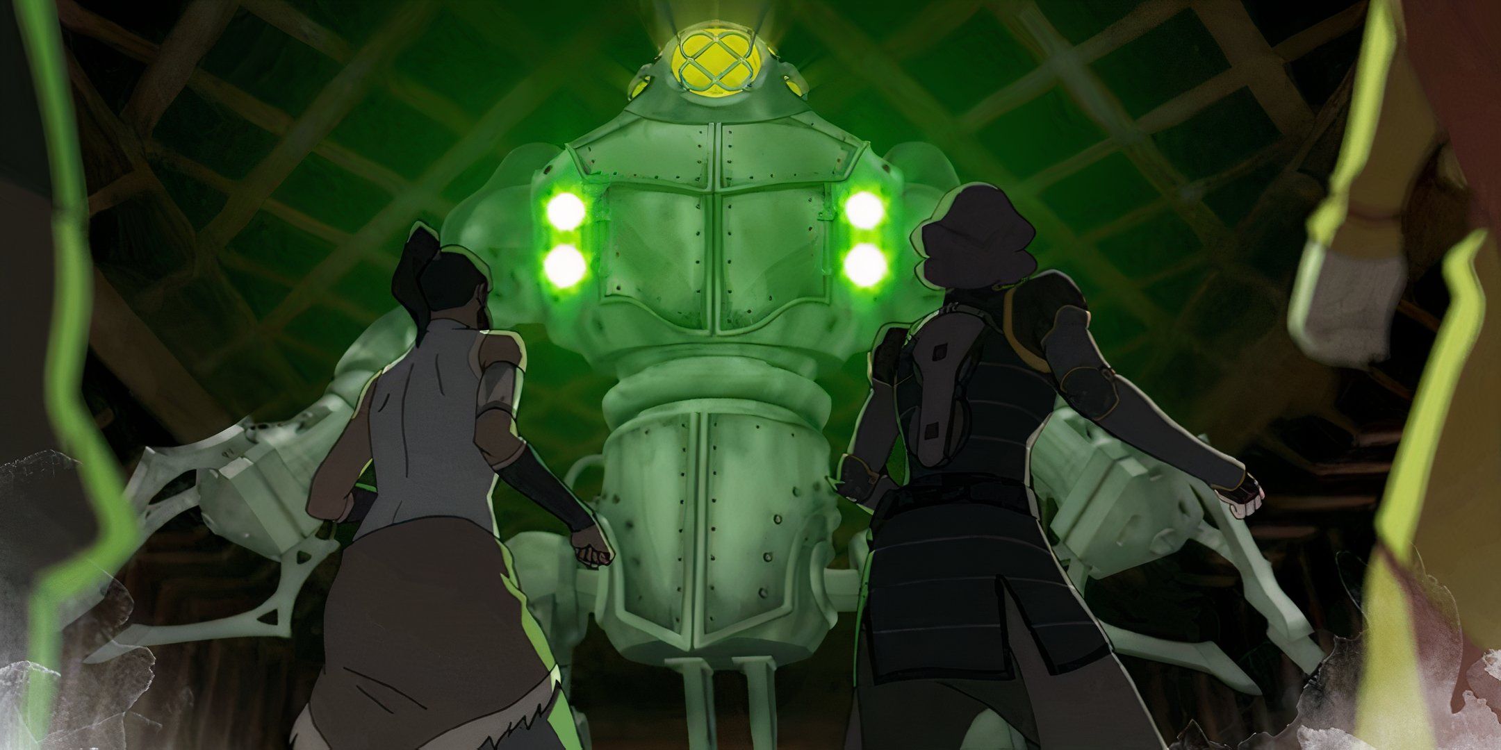 A mecha suit squares off against Lin and Korra in Legend of Korra and Avatar Legends.