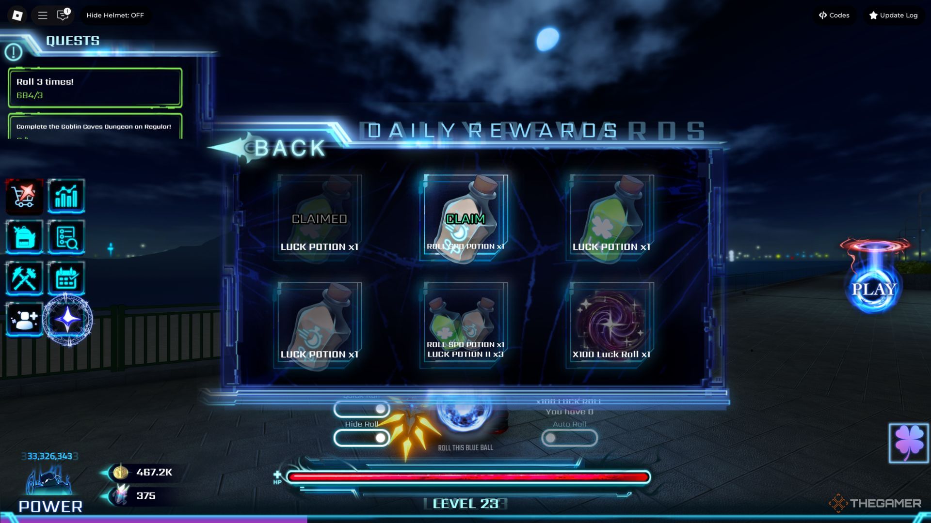 The player character shows a Luck Roll in the Daily rewards tab in Hunters.