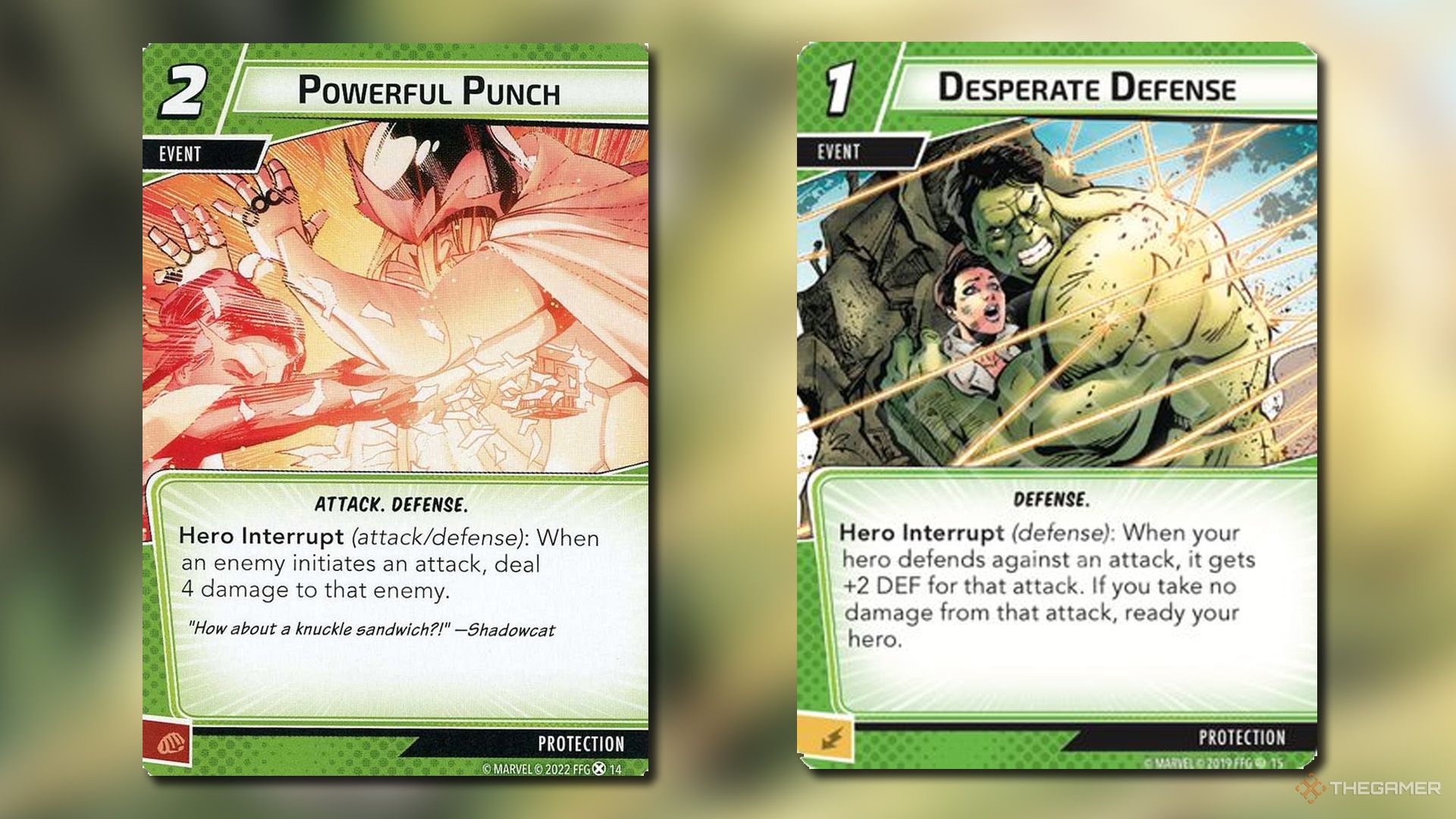 Despeeate Defense and Powerful Punch cards from Marvel Champions.