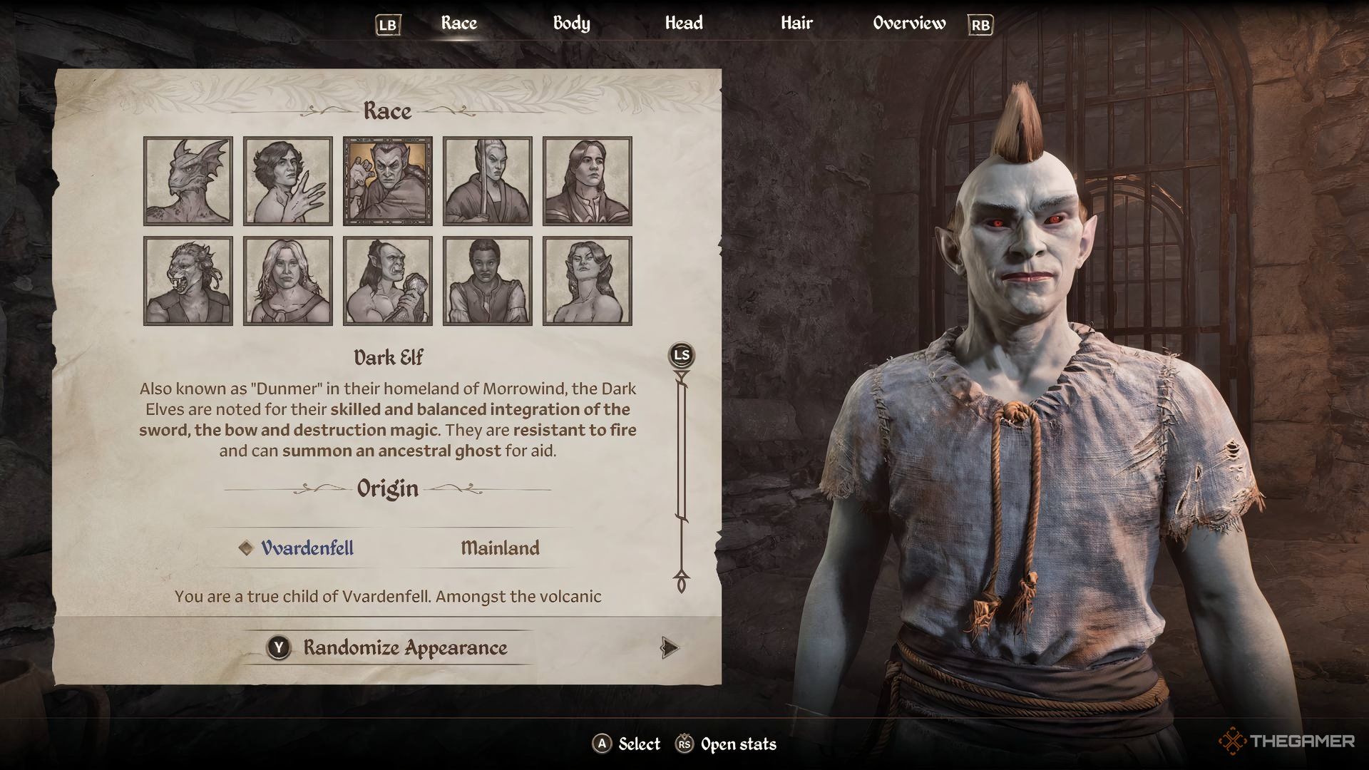 An image of the character creation screen from the Elder Scrolls IV: Oblivion Remastered showing a dark elf..