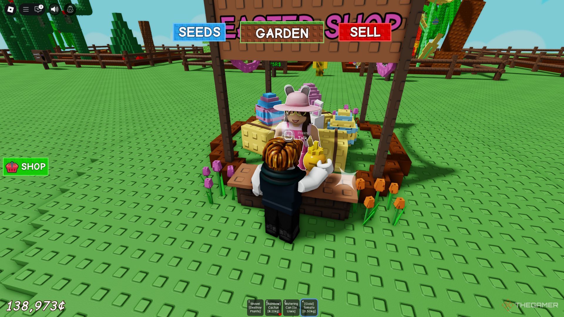 The player character shows the Easter Shop in the middle of the map in Grow A Garden.