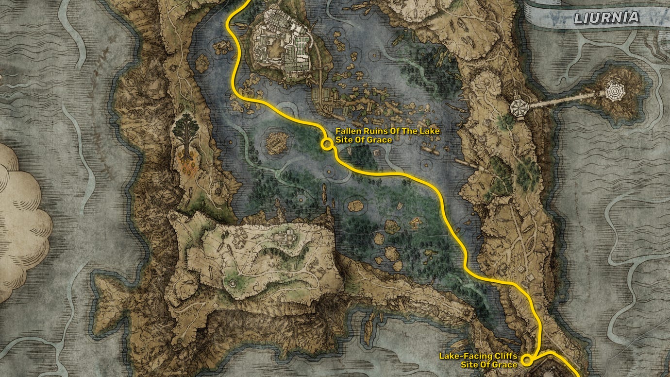 Part of the Elden Ring map, with the fastest path to reach the Shadow Of The Erdtree expansion starting point highlighted in yellow.