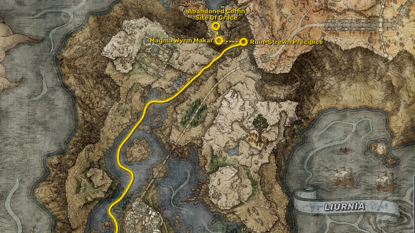 Part of the Elden Ring map, with the fastest path to reach the Shadow Of The Erdtree expansion starting point highlighted in yellow.