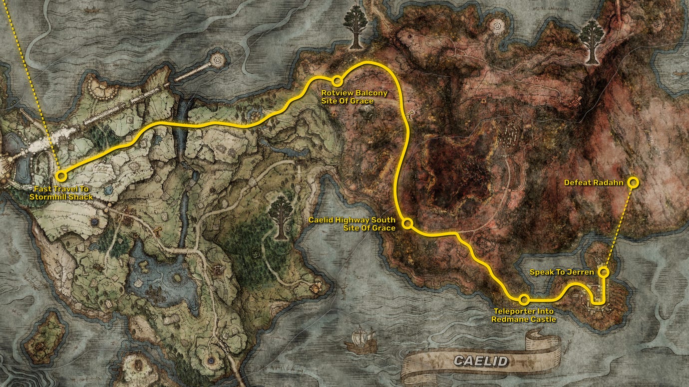 Part of the Elden Ring map, with the fastest path to reach the Shadow Of The Erdtree expansion starting point highlighted in yellow.