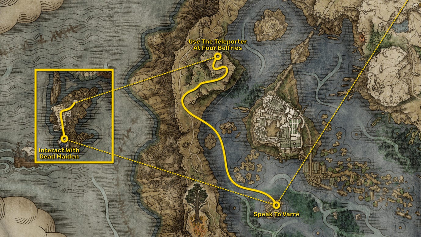 Part of the Elden Ring map, with the fastest path to reach the Shadow Of The Erdtree expansion starting point highlighted in yellow.