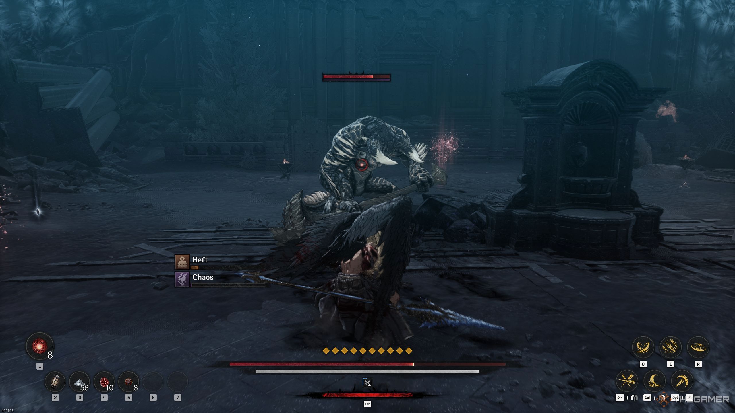 Khazan standing in front of a staggered Elite Enemy in The First Berserker: Khazan.