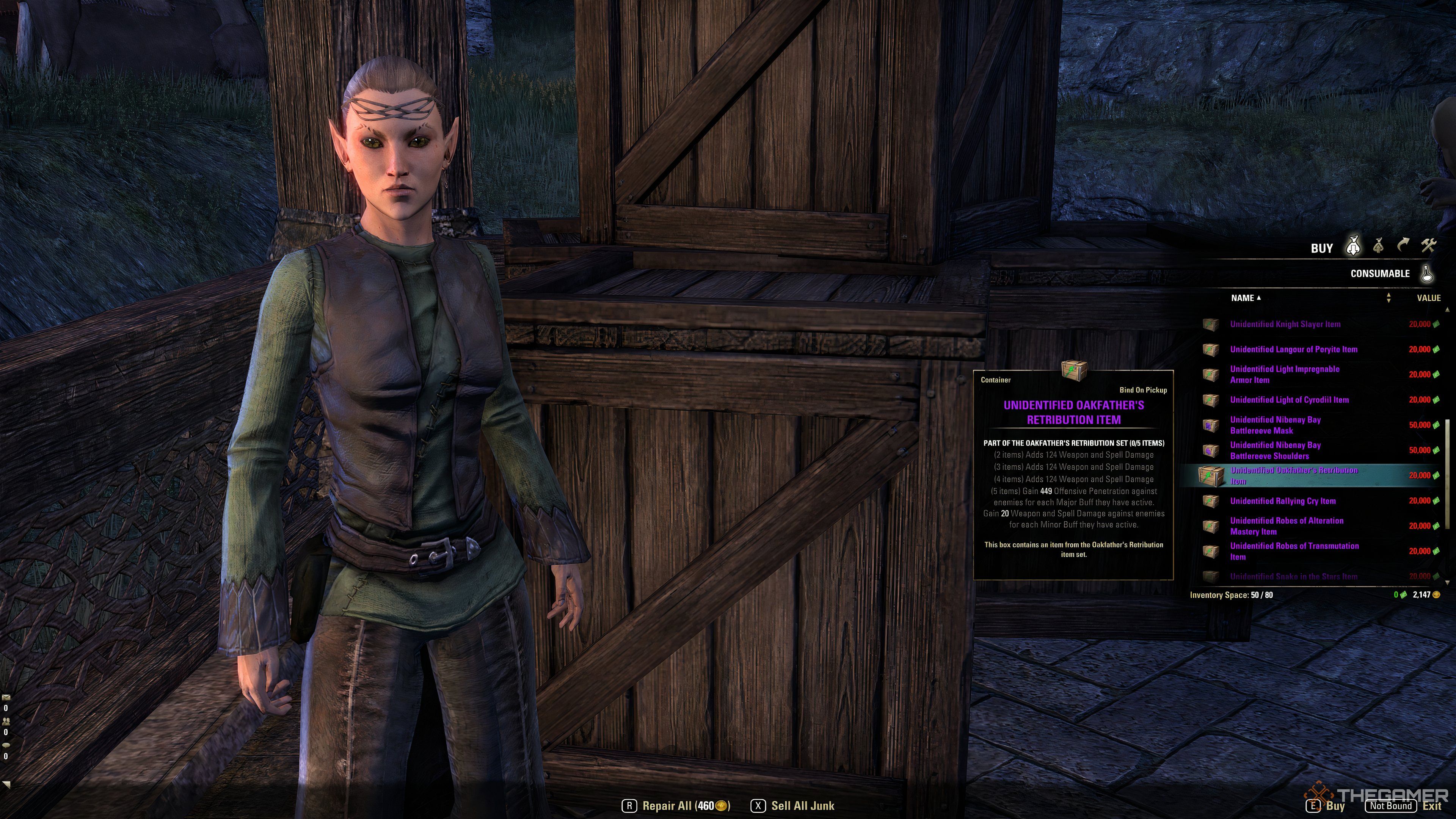 Elite Gear vendor in Cyrodiil selling an Unidentified Oakfather's Retribution Item
